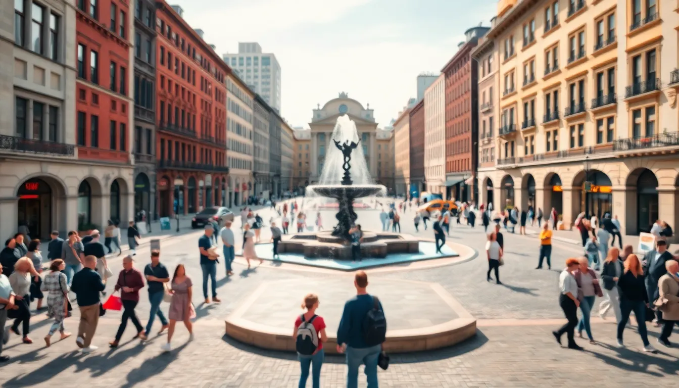 Aerial View of Bustling City Plaza This captivating aerial image features a bustling city plaza filled with life and activity. Taken during the day, the composition captures the energy of people socializing around a central fountain. Natural daylight softly illuminates the scene, enhancing the muted tones of the cobblestone and surrounding architecture. The selective focus draws attention to the vibrant interactions in the foreground while the background fades into a painterly blur, creating depth and inviting exploration of urban life.