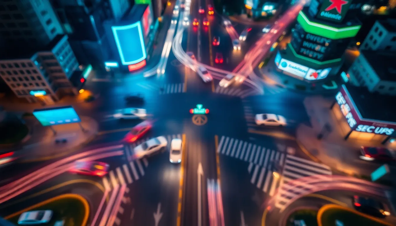 This dynamic aerial nighttime image captures a bustling city intersection aglow with vibrant neon lights. The light trails from moving vehicles create a sense of motion, while the blurred background adds depth to the scene. Striking contrasts between the bright neon colors and the dark asphalt highlight the energy of urban life after dark. The symmetrical composition centers on the intersection, drawing the viewer's eye to the heart of the city's busy nightlife.