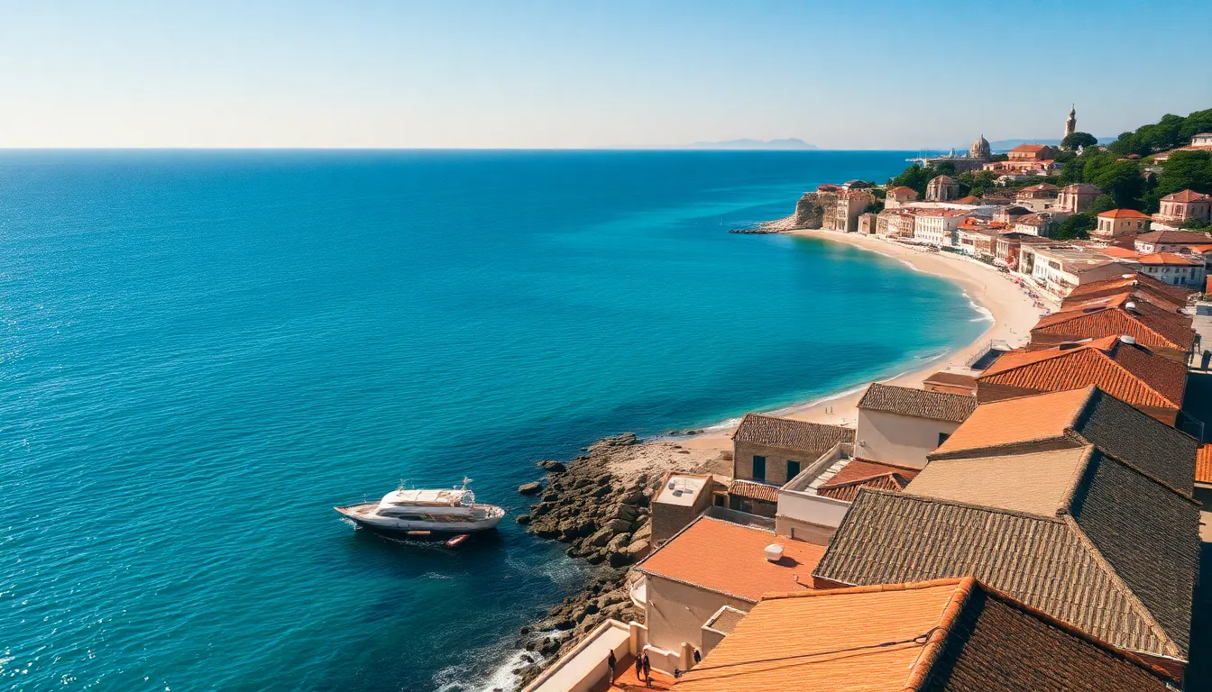 This breathtaking drone shot offers a view of a serene coastal town, where bright blue waters meet charming rooftops. Captured in natural diffused daylight, the image presents a harmonious blend of colors in a cinematic palette. Using three-dimensional composition, the town is beautifully positioned within the frame, letting the viewer appreciate the stunning contrast between land and sea.