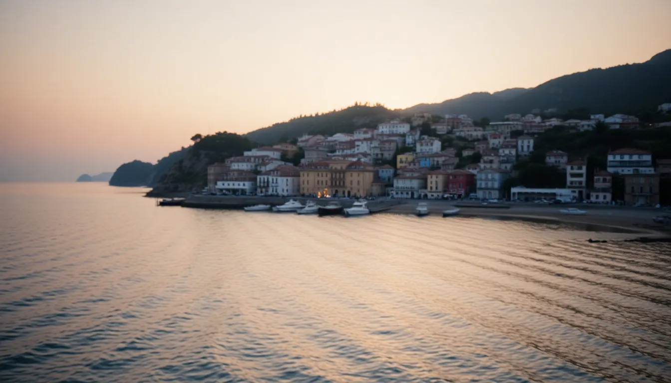 Serene Coastal Village at Sunrise This serene drone capture showcases a quaint coastal village bathed in soft golden light at sunrise. The pastel pinks and soft blues create a tranquil atmosphere that reflects off the gentle waves. With shallow depth of field enhancing the bokeh effects in the water, the composition emphasizes the village's peaceful setting against the coastline, drawing the viewer's eye along the shore.