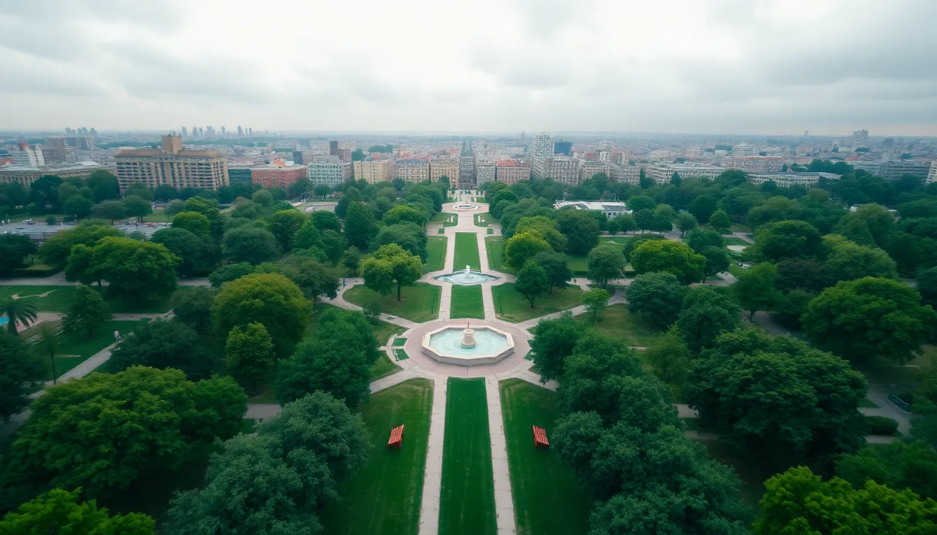 Aerial View of Urban Parks and Green Spaces This aerial view illustrates a lush urban landscape teeming with public parks amidst a city backdrop. Soft, diffused lighting enhances the tranquil ambiance, highlighting intricate pathways and green spaces that invite relaxation and exploration. The muted greens contrast with the urban structures, creating a balance between nature and city life. The image captures the essence of urban parks as essential retreats within a bustling metropolis.