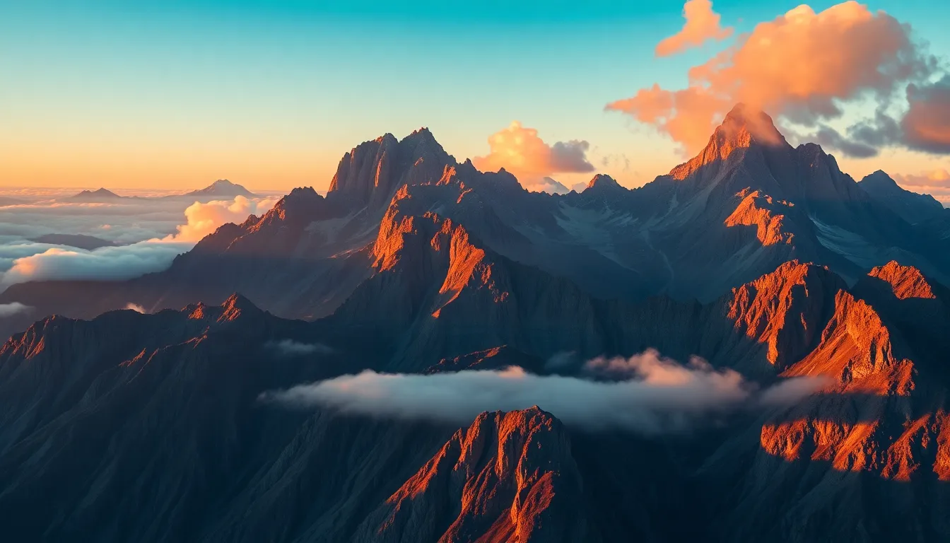 This awe-inspiring drone image features a majestic mountain range at sunrise, where golden hues illuminate rugged peaks. The captivating colors are enhanced using a Fujifilm Velvia-inspired palette, creating vibrant contrasts with deep blues and earthy tones. The perspective emphasizes the dramatic lines of the mountains, drawing viewers into the breathtaking beauty of nature.