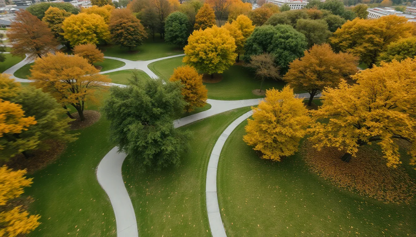 This captivating aerial view showcases a sprawling urban park during the vibrant autumn season, where golden leaves contrast beautifully with the lush greenery. The overcast sky diffuses light softly, creating a serene atmosphere. With selective focus on the foreground and soft bokeh in the background, the image invites viewers to explore the winding pathways. Muted earth tones enhance the peaceful essence of nature amid the city.