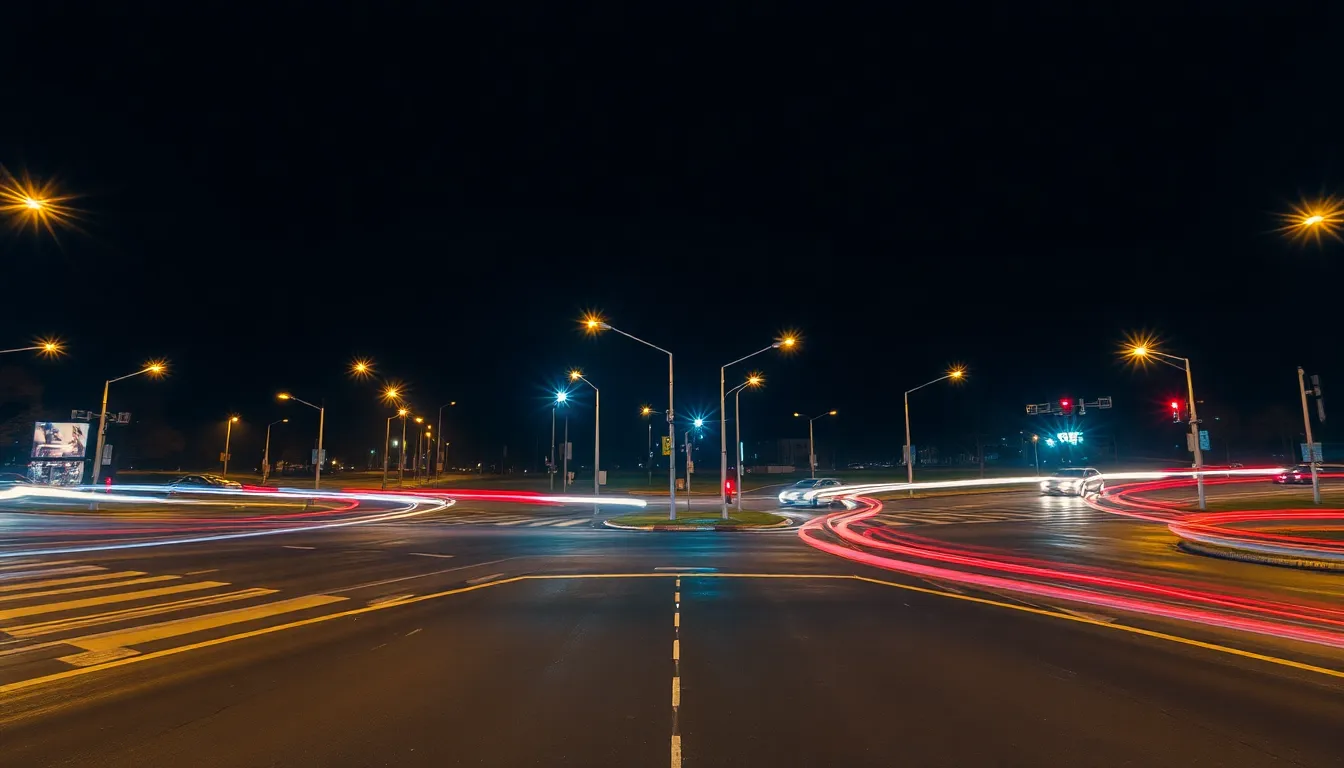 This mesmerizing nighttime drone shot illustrates the vibrant energy of a bustling city intersection. Streets come alive with light trails from moving vehicles, capturing the fast-paced rhythm of urban life. The contrast between illuminated street lamps and the dark asphalt creates a dramatic effect, drawing attention to the central intersection. This image embodies the essence of city nightlife.