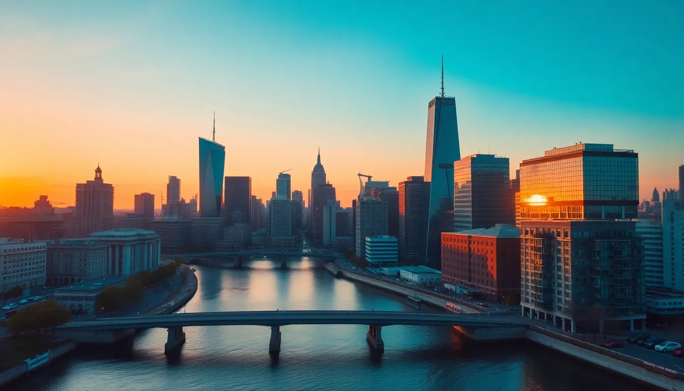 This breathtaking aerial view showcases a vibrant city skyline illuminated by the warm hues of sunset. The dynamic composition features leading lines created by a river, drawing the viewer's eye towards the shimmering glass buildings that reflect the golden hour colors. The shallow depth of field adds a dreamy quality, contrasting the sharp details of the skyline against a softly blurred background. The image captures a perfect blend of urban elegance and natural beauty, creating a striking visual experience.