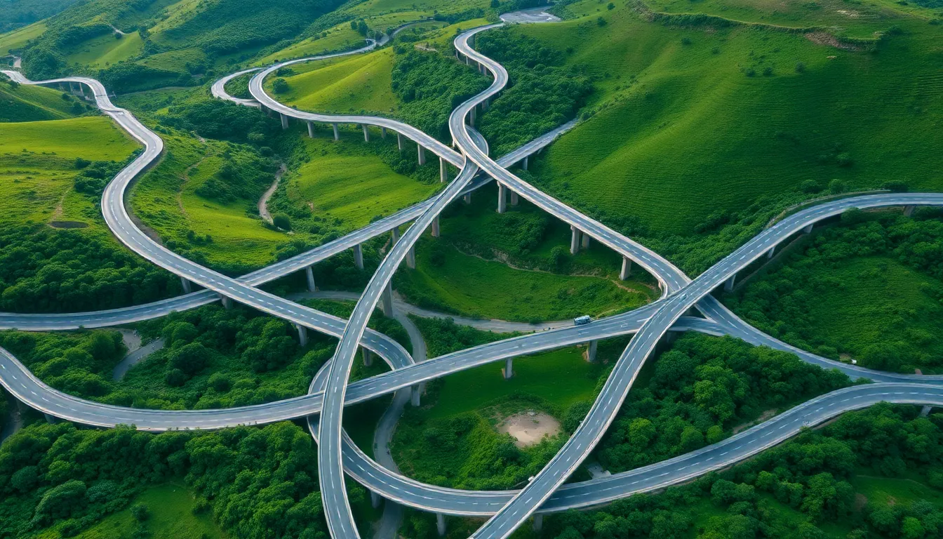 Intricate Road Network Through Lush Valley This captivating drone shot showcases an intricate network of roads and bridges threading through a lush green valley. The bright midday light reveals vibrant greens and deep blues, highlighting the contrast between urban infrastructure and its natural surroundings. Leading lines draw the viewer's eye along the winding paths, while detailed textures of the asphalt and foliage enhance the image's realism.