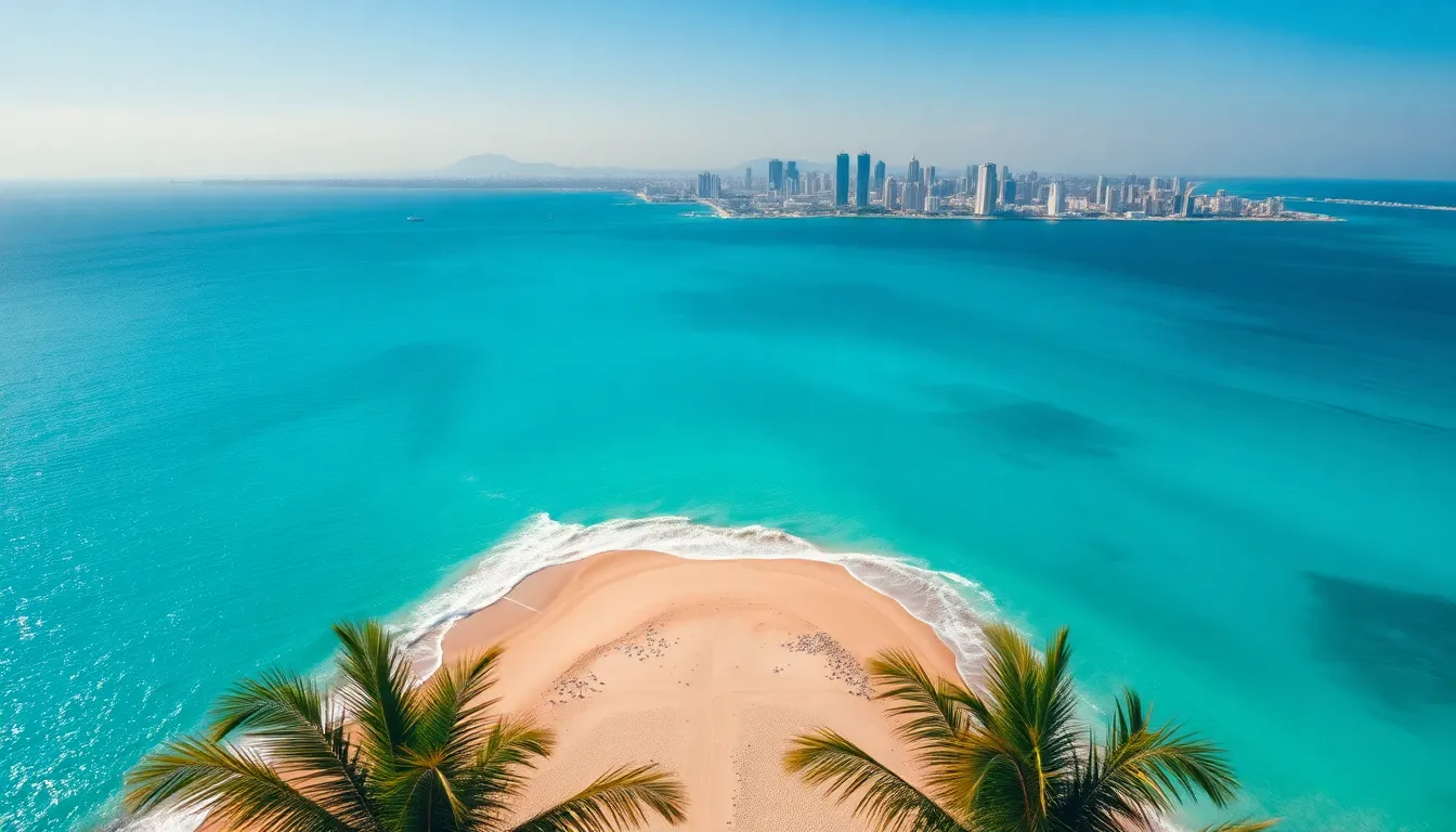 This breathtaking aerial shot depicts a coastal city where stunning beaches meet urban living. The bright midday sun illuminates the golden sands and crystal-clear waters, creating an inviting vacation atmosphere. Palm trees add tropical flair while the city skyline provides a modern backdrop, showcasing the perfect blend of nature and architecture.