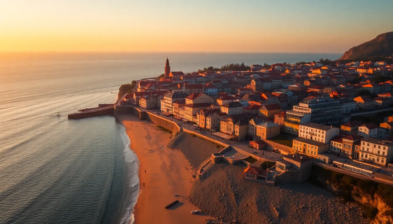 Sunrise Aerial of Coastal Town This stunning aerial view showcases a charming coastal town bathed in the early morning light of sunrise. Warm sunlight spills over vibrant rooftops and glimmers on the sandy beach, creating a serene and inviting atmosphere. The image captures the rich textures of the town while soft pastels dominate the color palette. The carefully composed scene draws the viewer’s eye along the coastline, inviting exploration of both land and sea.