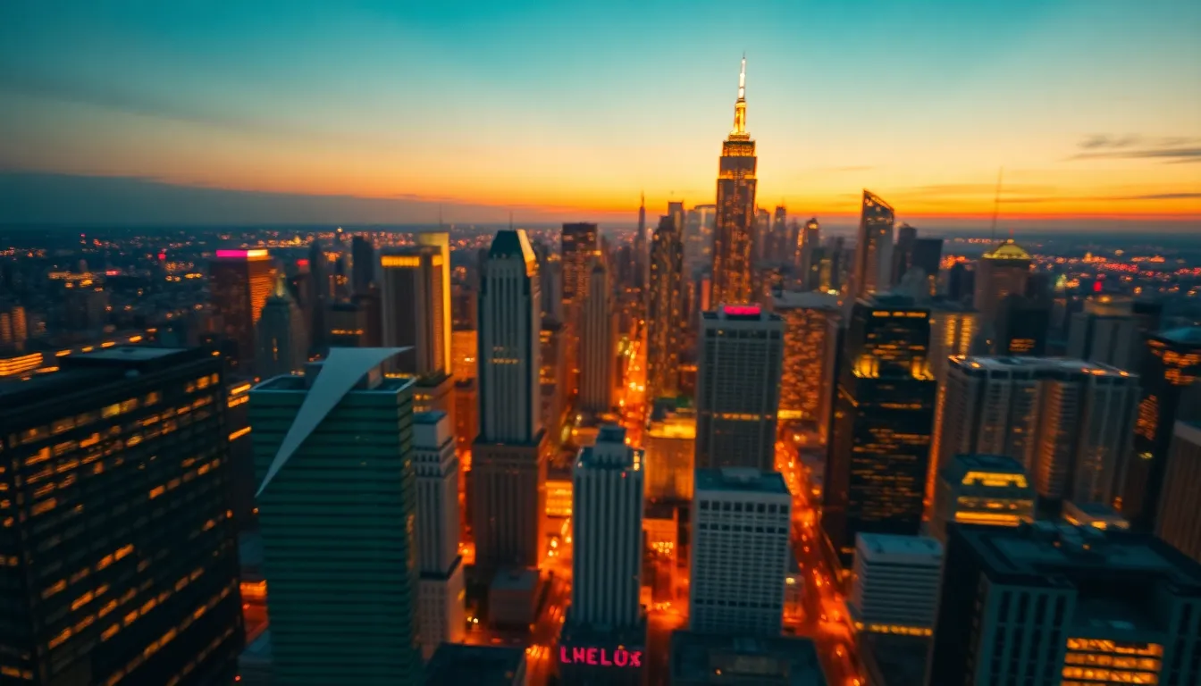 An aerial view of a vibrant city skyline as dusk settles, with skyscrapers illuminated against a warm golden sky. The image captures the interplay of light reflecting off glass and steel structures, creating a captivating urban atmosphere. The use of shallow depth of field adds artistic flair, while teal and orange color grading emphasizes the evening mood. This vibrant scene showcases the beauty of urban life from above.