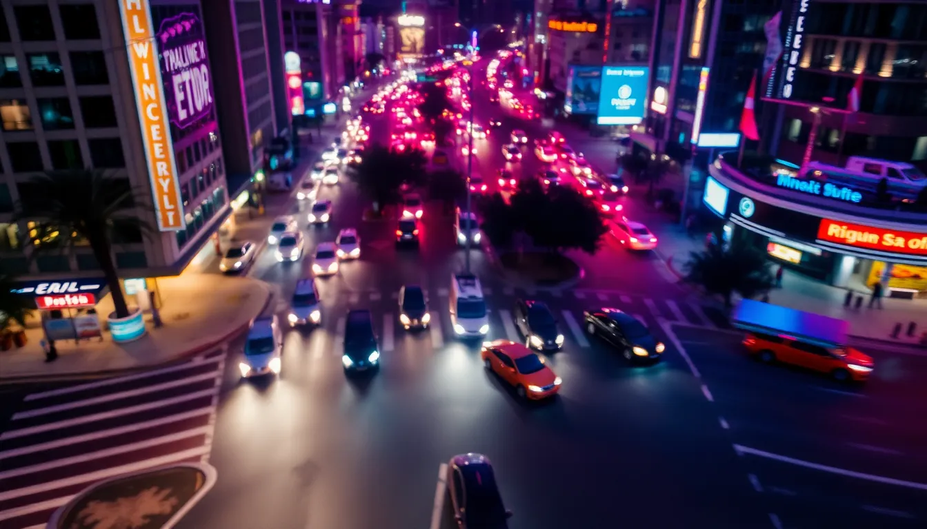 Experience the vibrant energy of a busy city intersection at night from an aerial perspective, showcasing a kaleidoscope of neon lights reflecting off wet asphalt. Captured using practical lighting from street lamps and neon signs, the image highlights the bustling traffic with a shallow depth of field, creating a sense of motion. The Dutch angle adds a dynamic feel, while the bold color grading emphasizes the electric atmosphere of urban nightlife.