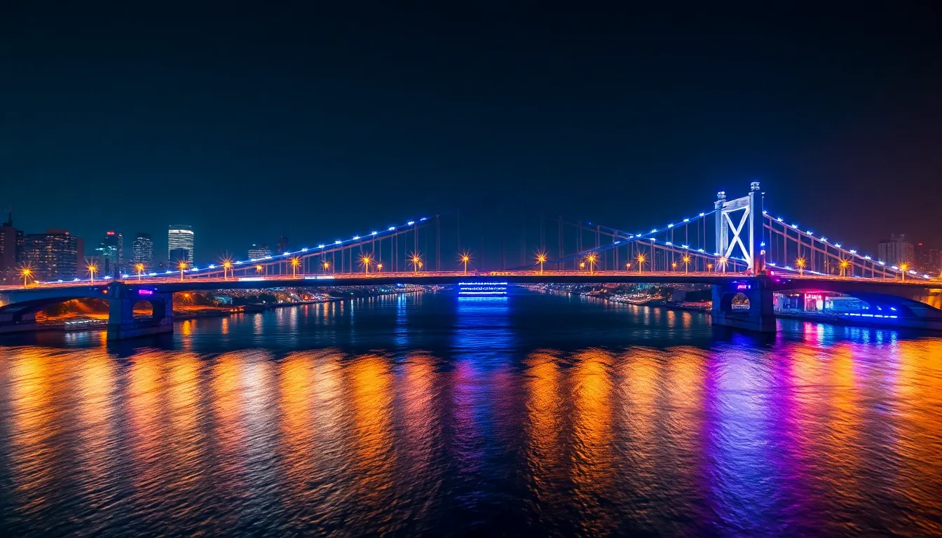 This stunning aerial shot showcases an iconic city bridge illuminated at night, radiating a cool glow from LED lights that reflect beautifully on the water below. The careful hyperfocal distance captures intricate architectural details of the bridge, set against a dramatic city skyline. The composition centers around the bridge, creating a powerful focal point enhanced by cinematic color grading that emphasizes deep blues and rich metallics. The image encapsulates the magic of urban nights, inviting viewers to marvel at the city's beauty.