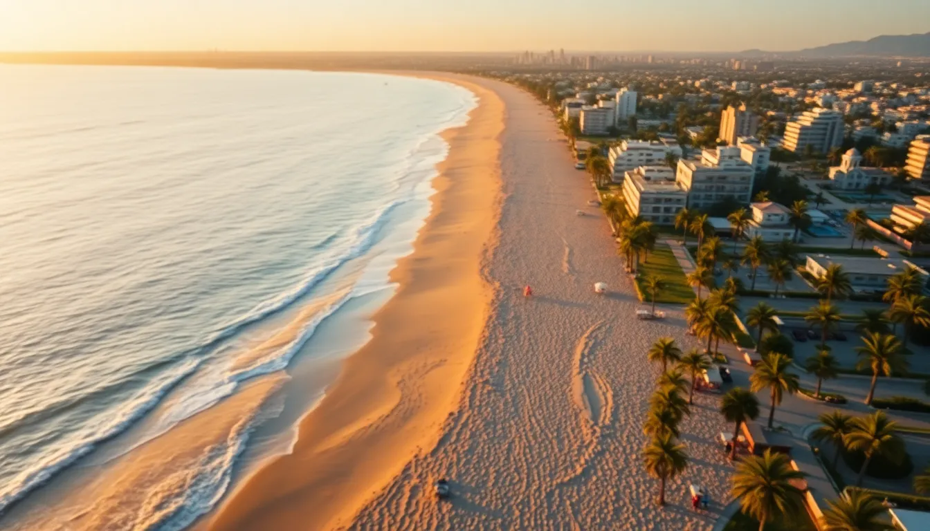 Capture the beauty of a coastal city at sunrise from an elevated perspective. This enchanting aerial image showcases a serene beach adorned with palm trees and vibrant beach umbrellas, all bathed in soft golden morning light. The composition's balance invites viewers into the tranquil scene, with the distant skyline beautifully blurred to emphasize the peaceful beach. This uplifting ambiance makes it perfect for lifestyle and travel-related projects.