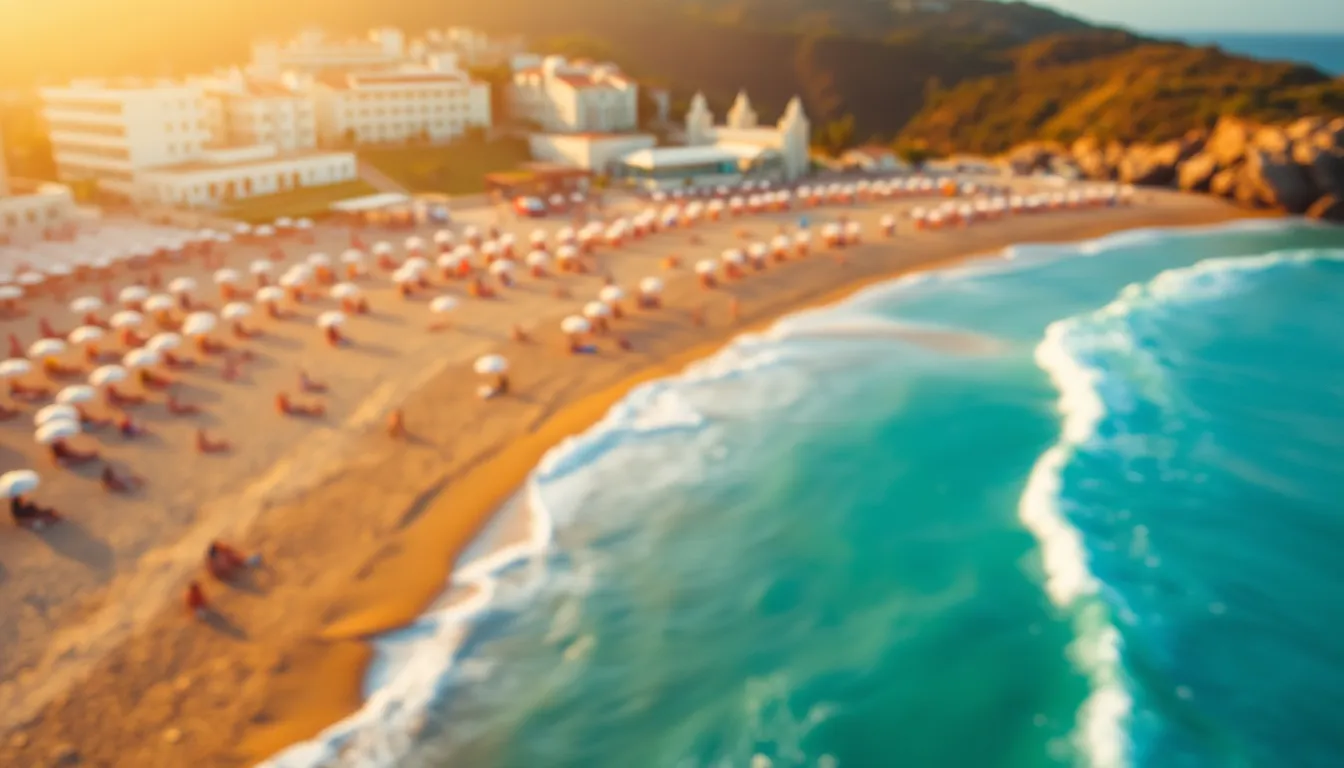This dynamic aerial view captures a bustling beach scene during golden hour. Sunbathers and colorful umbrellas create a lively atmosphere, while the aquamarine ocean adds tranquility. The warm glow of the late afternoon light enhances the vibrant colors, and the shallow depth of field creates a painterly effect. The diagonal lines of the beach and waves add energy to the composition, making this image ideal for summer-themed content.