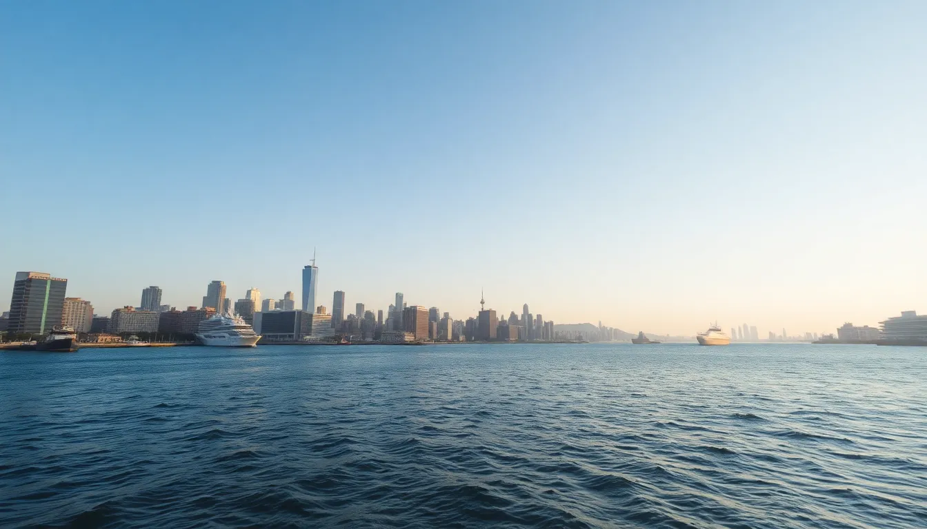 Calm Aerial View of Waterfront Cityscape at Sunrise