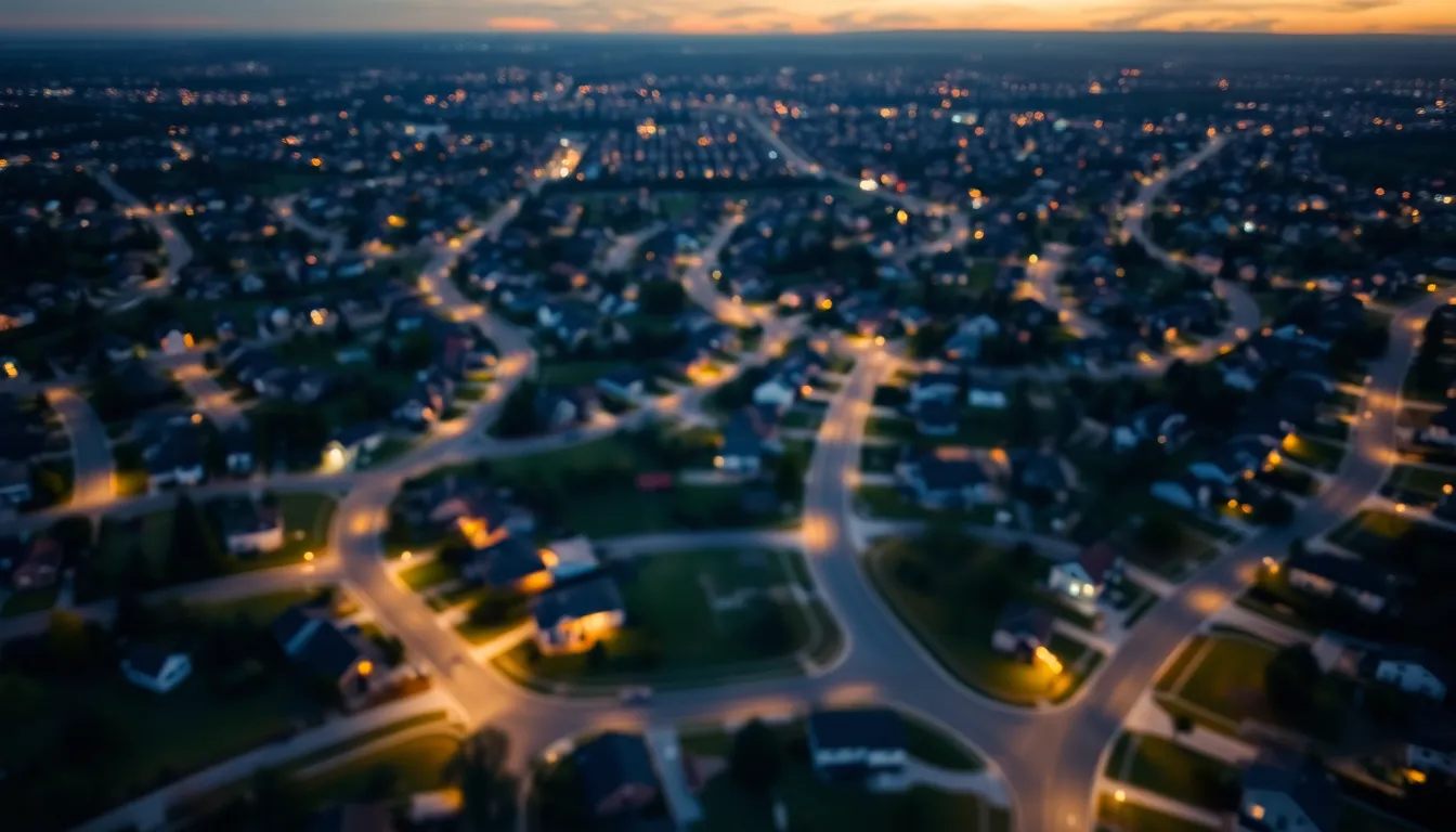 Twilight Aerial View of Suburban Neighborhood Captured at twilight, this drone shot reveals a suburban neighborhood alive with warm lights against a deep blue sky. The scene showcases an intricate layout of winding roads and charming homes, creating a sense of community. The image's peaceful ambiance is highlighted by the contrast of soft yellows from window lights and the cool hues of twilight. This composition not only invites viewers into the scene but also evokes a longing for tranquility in suburban life.