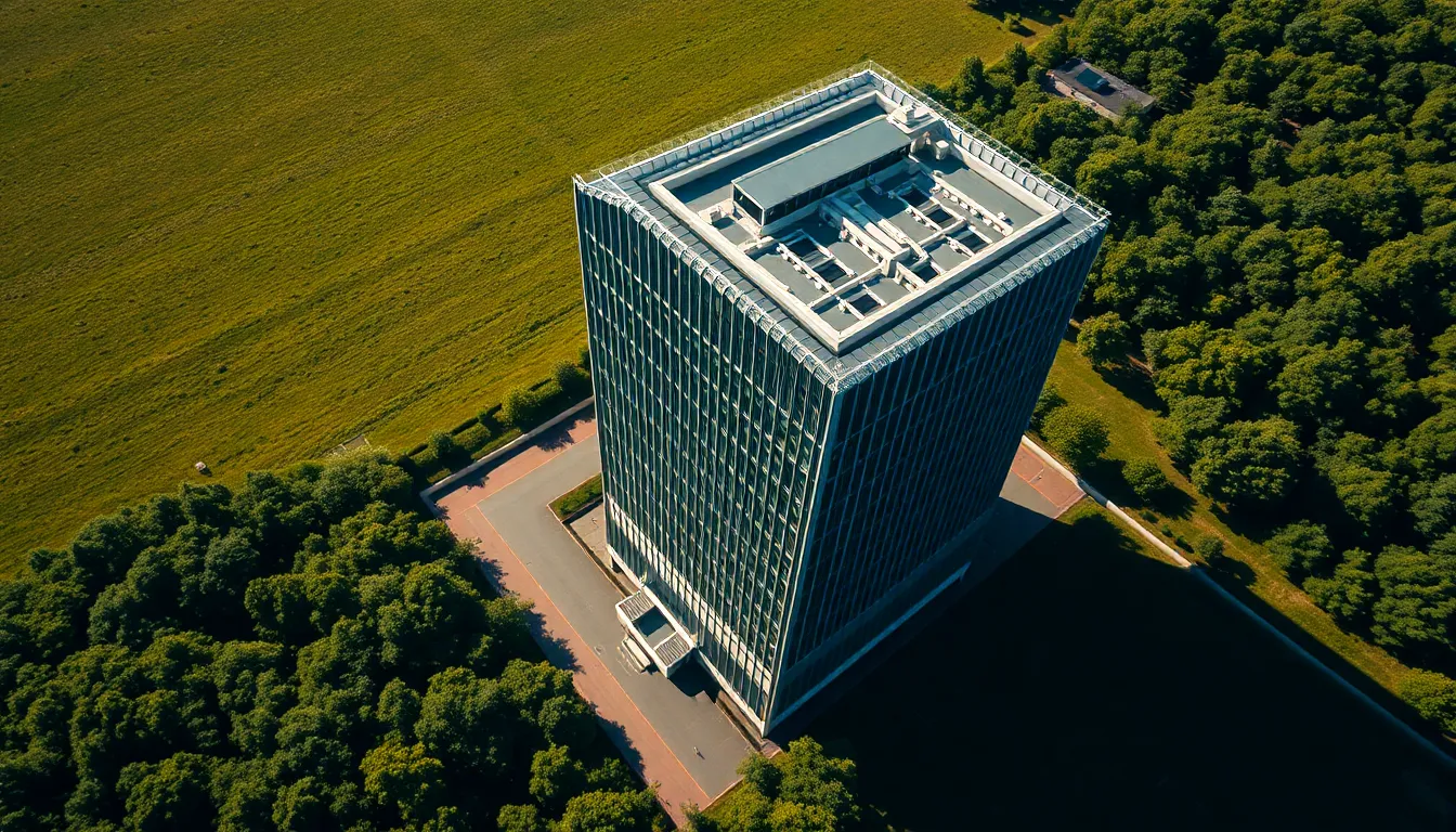 This captivating aerial view showcases a striking modern architectural building set against a vibrant urban landscape. The bright midday sun illuminates the structure, creating distinct shadows that enhance its geometric forms. The lush greenery surrounding the building contrasts beautifully with the sleek metal and glass materials. This image captures the essence of contemporary design, inviting viewers to appreciate both the artistry and functionality of urban living.