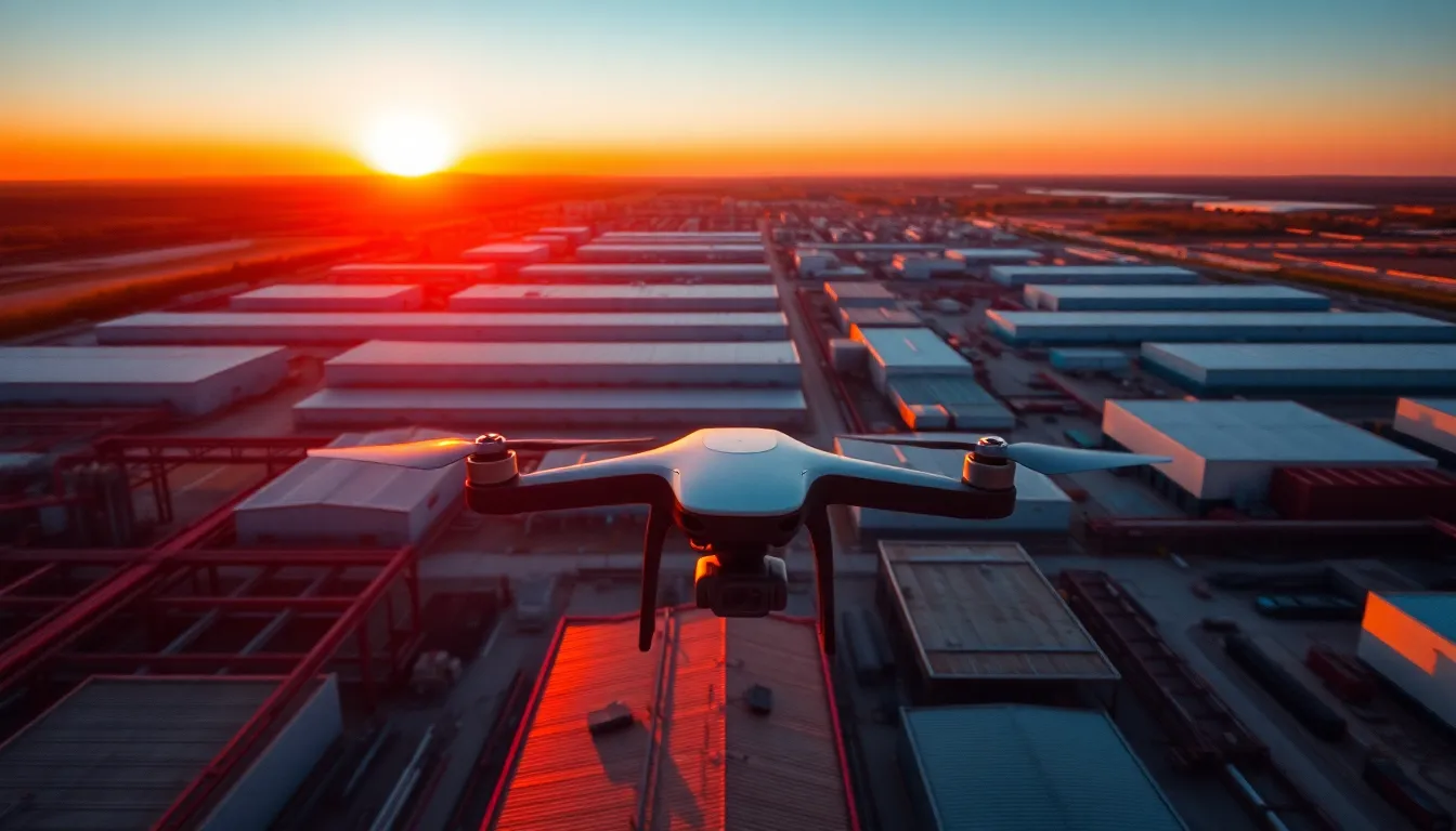 This dynamic drone capture reveals the intricate patterns and textures of an industrial zone as the sun sets. The warm glow of the fading light casts dramatic shadows across the landscape, enhancing the complexity of the warehouses and machinery. The aerial perspective highlights the structured beauty of industrial design, set against a backdrop of deepening twilight colors.