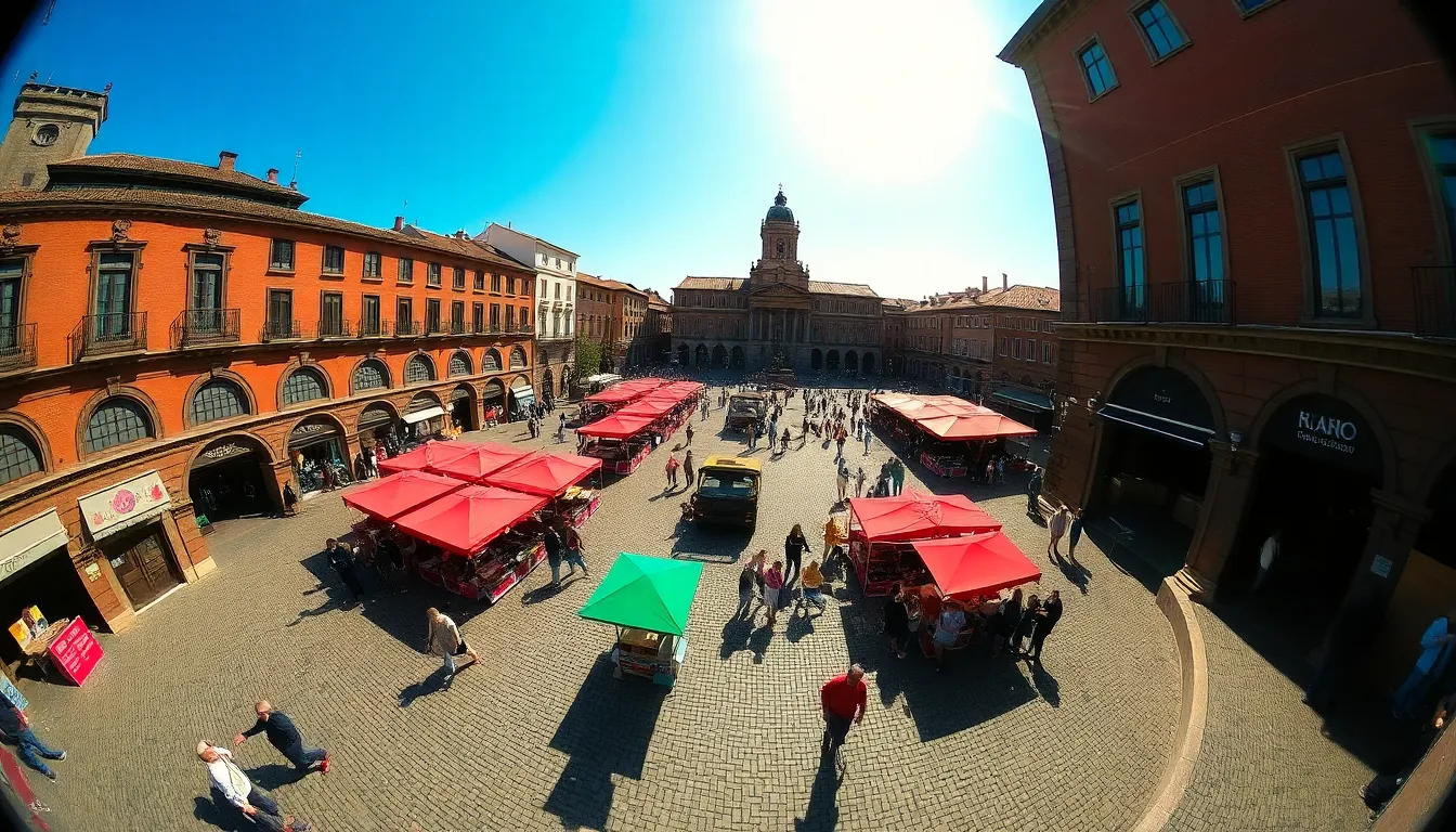 Historic City Square Bustling with Activity This overhead view captures the lively atmosphere of a historic city square, bustling with activity. Bright afternoon sunlight creates high contrast shadows while the vibrant color palette highlights market stalls and interacting crowds against the backdrop of historic architecture. Utilizing a dynamic circular framing composition, the image draws viewers into the detailed textures of cobblestone paths as they explore the vibrant scene.