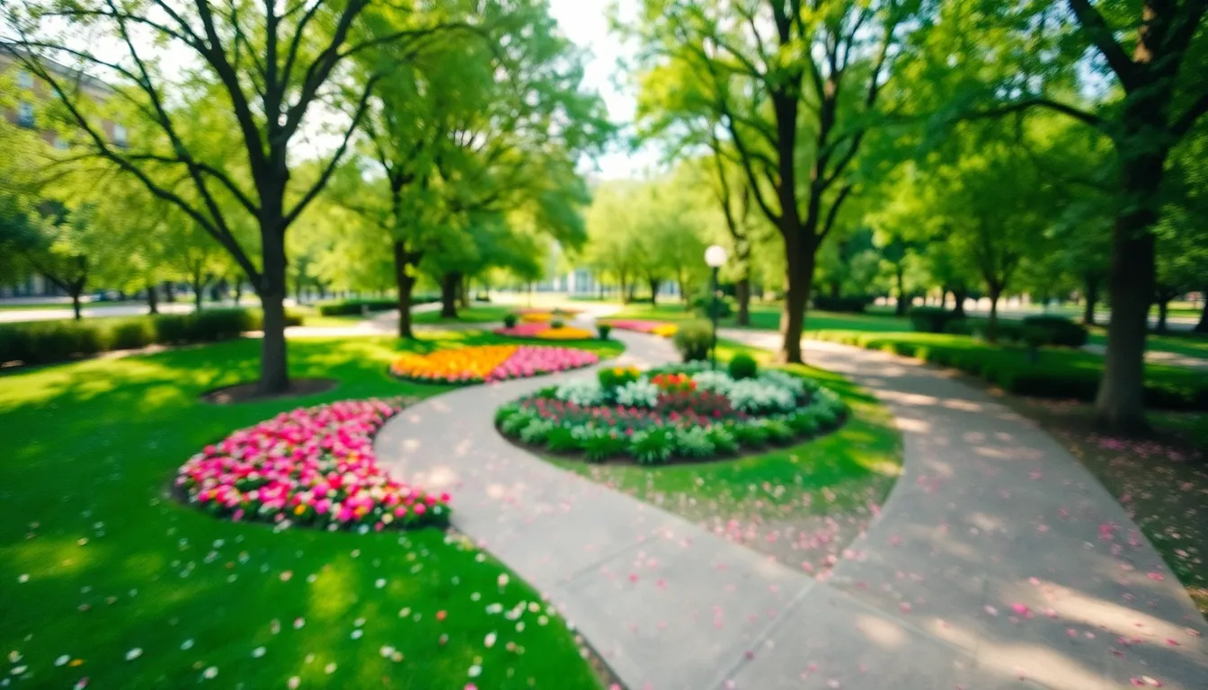 This serene aerial view captures a beautifully designed urban park, showcasing a vibrant flower garden amidst peaceful green landscapes. Soft natural light filters through the tree canopies, creating an inviting atmosphere. The shallow depth of field highlights the colorful flowers while the surroundings softly blur, drawing attention to the garden path weaving through the park. Rich textures of grass and petals enhance the visual narrative, inviting viewers to explore this urban oasis.