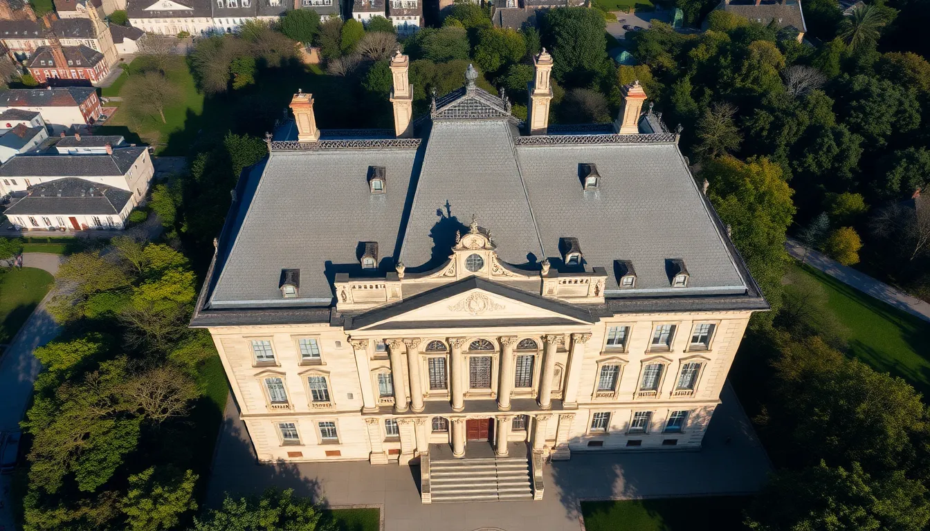 This iconic historic building is captured from above, revealing intricate details of its stonework and ornate rooftops. The midday sun casts sharp shadows that enhance the texture, while a lush park surrounds the structure, providing a vibrant contrast. The hyperfocal depth of field ensures that both the building and park are in sharp focus. This image perfectly encapsulates the harmony between historical architecture and nature.