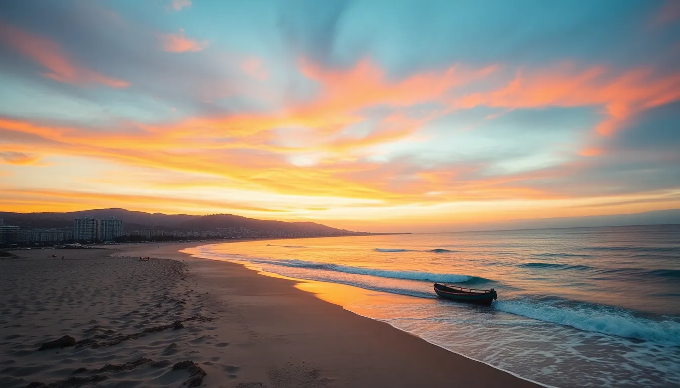 Coastal City Sunset from Above This breathtaking aerial photograph showcases a tranquil coastal city at sunset, featuring vibrant oranges and deep blues mirroring on the water's surface. The composition employs leading lines of the shoreline, drawing the viewer's gaze toward the vast horizon. Every detail, from the gentle waves lapping at the sand to the sharp silhouettes of the city buildings, is crisply rendered, creating an inviting and serene mood. This image captures the essence of coastal living and the beauty of nature meeting urban life.