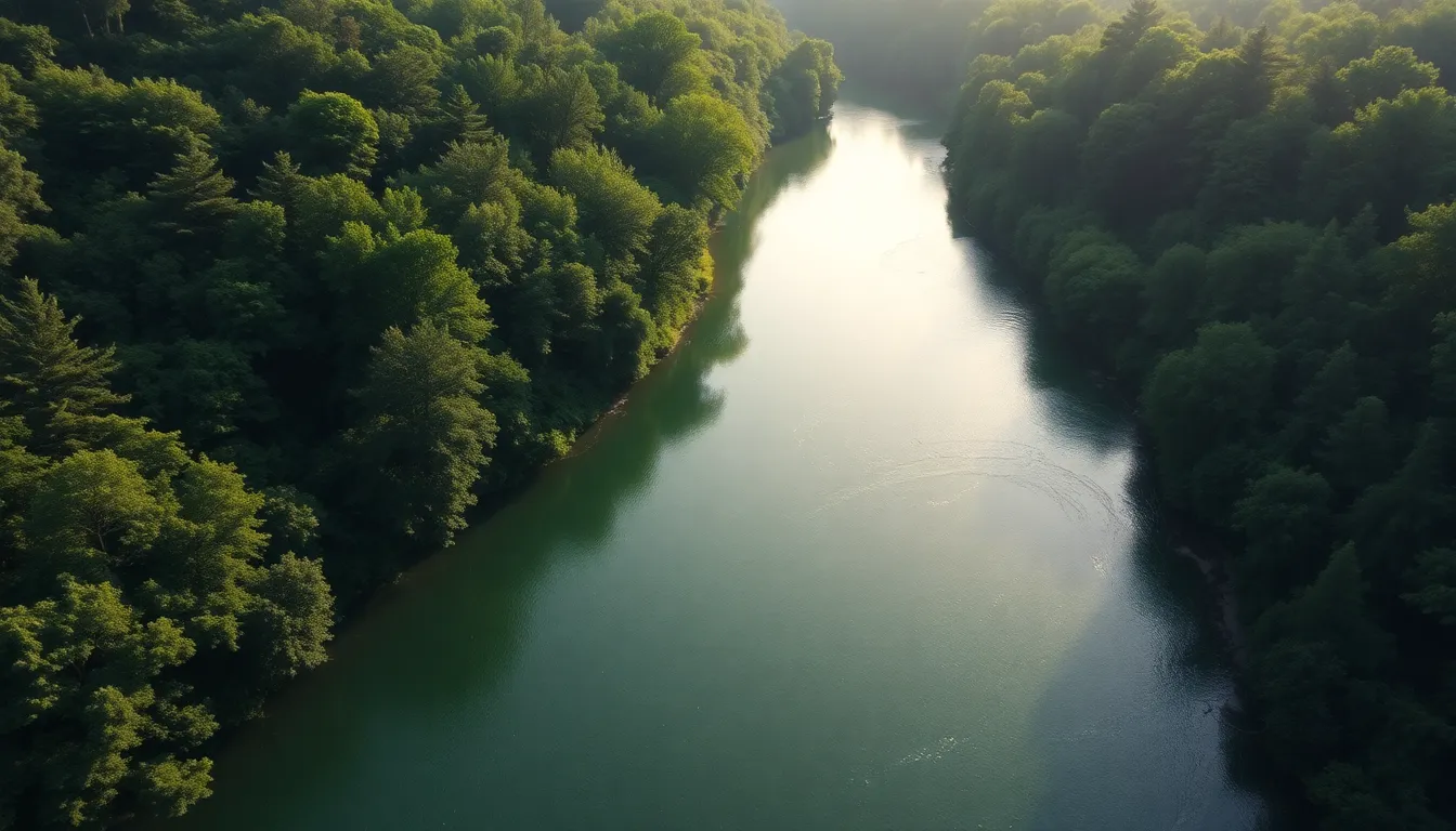 An aerial view captures a serene river meandering through a dense forest, illuminated by soft mid-morning light. The dappled sunlight filters through the tree canopy, creating an enchanting atmosphere. Lush greens and earthy browns create a harmonious color palette, while the river's winding path invites exploration of this tranquil setting. The hyperfocal focus ensures every detail, from the riverbanks to the horizon, is crystal clear.
