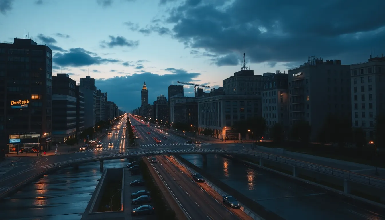 Twilight Aerial View of City with Illuminated Streets