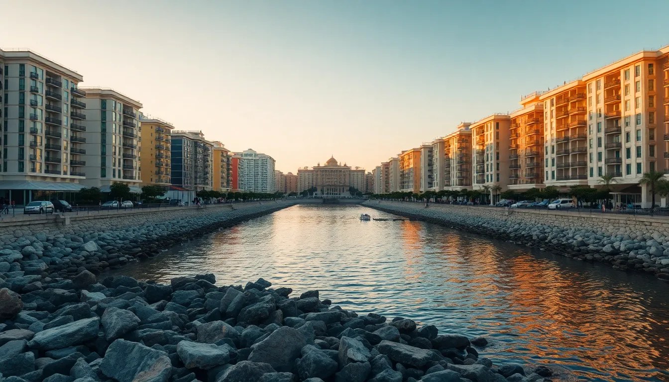 This mesmerizing aerial shot features a coastal city illuminated by the warm glow of sunrise. The golden light accentuates the rough textures of the shoreline and sleek buildings, creating a visually stunning contrast. Utilizing a centered symmetrical composition, the image captures the beauty of the waterfront reflecting in the tranquil waters. The muted color palette evokes a serene morning ambiance, inviting the viewer to breathe in the early day. A perfect blend of nature and architecture.