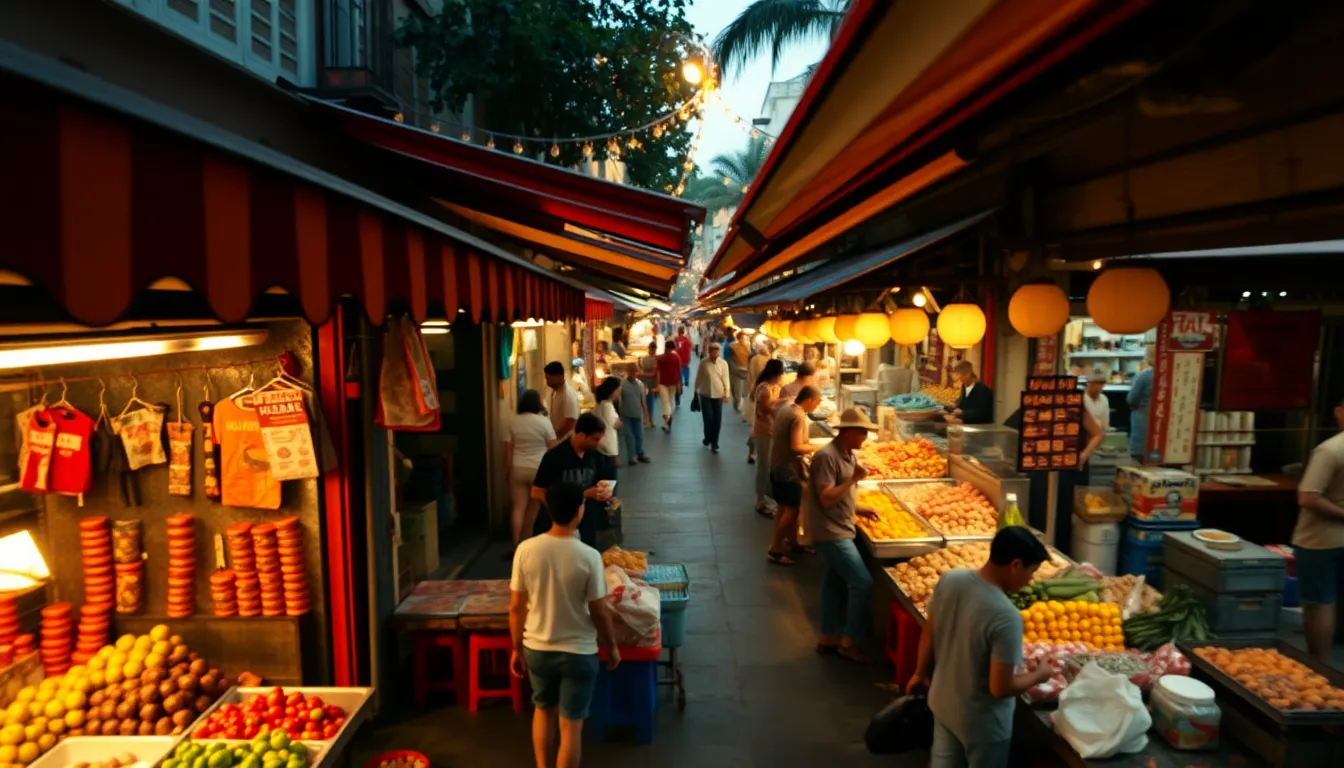 Aerial View of Vibrant Street Market This dynamic aerial photograph captures the lively atmosphere of a street market, showcasing colorful awnings and busy stalls filled with fresh produce. Shot during golden hour, the scene is bathed in warm light, adding to the inviting feel of the market. The shallow depth of field emphasizes a food stall in sharp focus, while the vibrant chaos of the market fades softly into the background. This image beautifully illustrates the rich textures and colors of local commerce and community life.