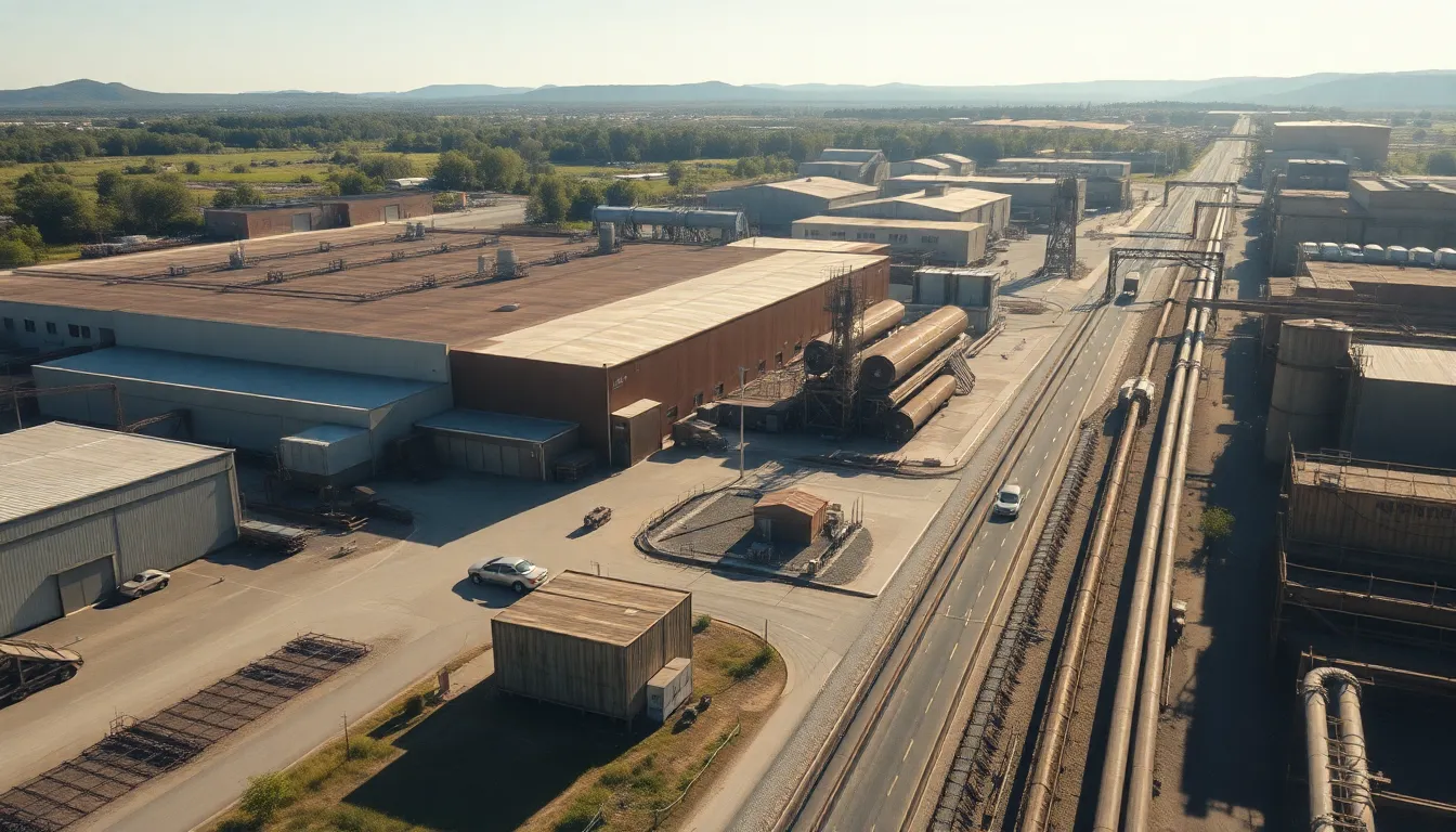 This striking aerial photograph captures an industrial area illuminated by the relentless mid-afternoon sun. The strong light creates bold shadows, enhancing the intricate details of warehouses and machinery. Focusing on a specific section with shallow depth of field, the surrounding industrial landscape gently fades, adding a sense of depth. Muted colors and gritty textures evoke a nostalgic atmosphere, while leading lines formed by roads invite exploration. A unique perspective of the working world.