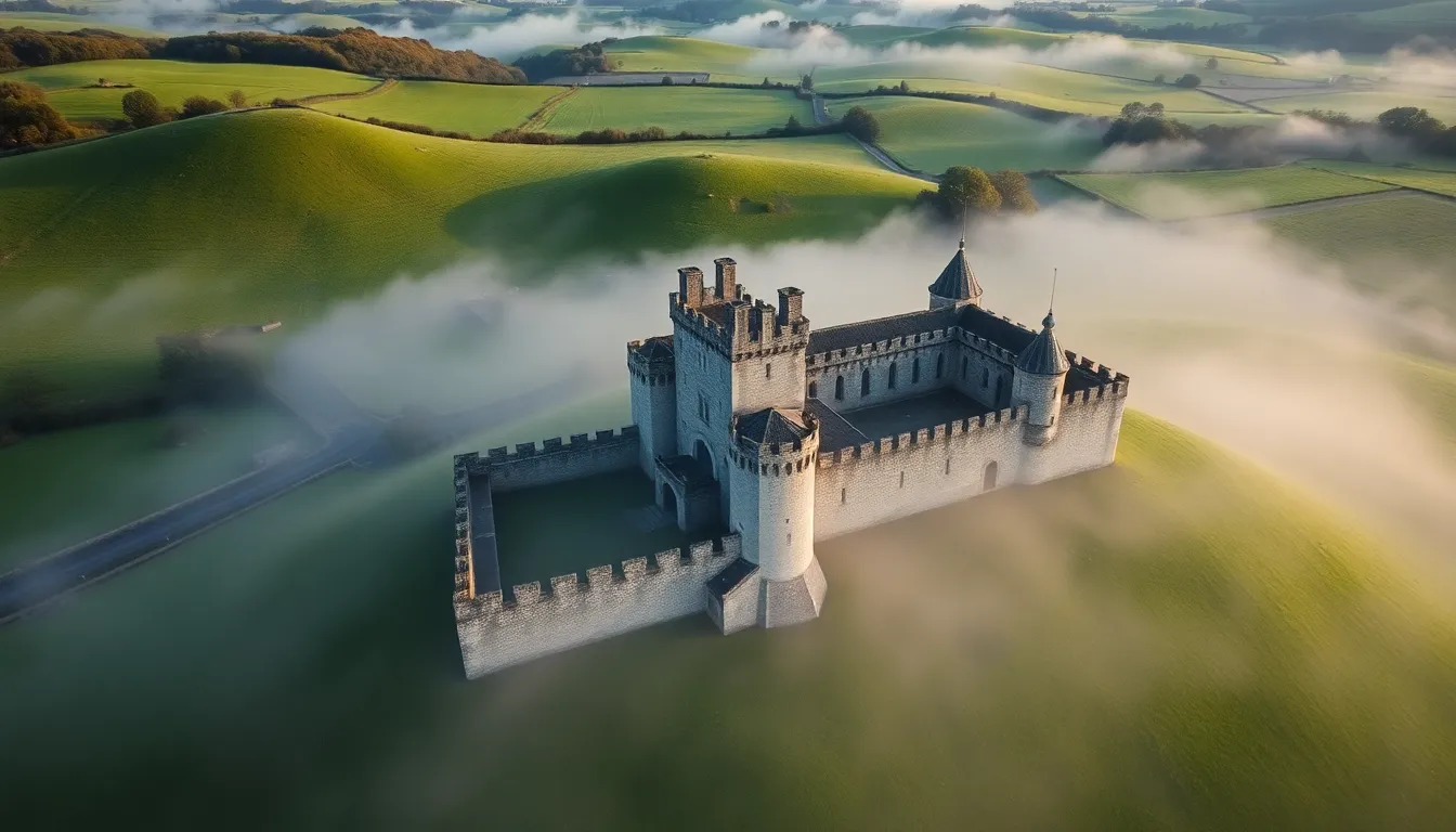 This enchanting aerial perspective captures a historical castle surrounded by lush green fields and rolling hills, enveloped in early morning mist that adds a mystical atmosphere. The soft natural light enhances the rich colors of the scene. The composition emphasizes the castle in a golden ratio layout, showcasing its textured stone walls against the vibrant greenery.