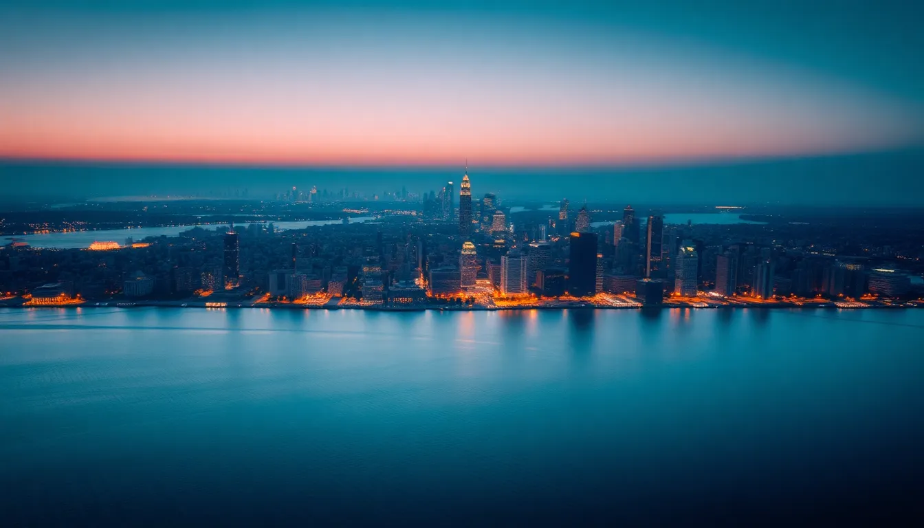 This stunning aerial view captures a sprawling urban landscape at twilight, as the city transitions from day to night. The city lights begin to twinkle against a deep blue sky, creating a captivating atmosphere. The hyperfocal depth of field keeps the entire scene in sharp focus, while the cinematic teal and orange color grading enhances the contrast. The symmetrical composition balances the skyline with its reflection on the water, embodying the beauty of urban life at dusk.