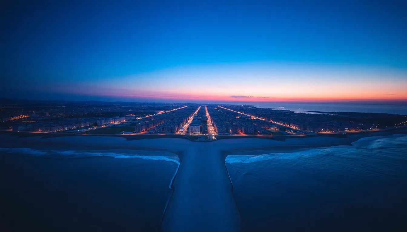 Twilight Coastal City Aerial View