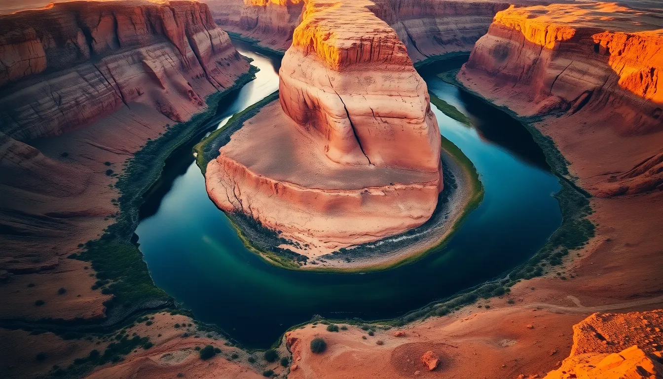 This dramatic aerial image showcases a winding river gracefully flowing through an expansive desert landscape, bathed in the warm light of sunrise. The soft glow highlights the river's serpentine path, while its cool blue tones stand stark against the warm earth tones of the arid terrain. The shallow depth of field enhances the river's prominence, inviting viewers to experience the juxtaposition of water and desert in this breathtaking natural scene.