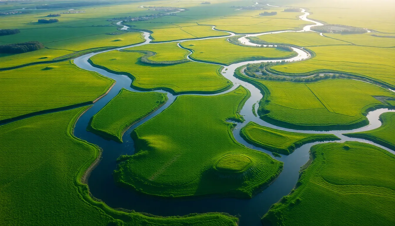 This stunning aerial image captures vibrant green fields dotted with winding rivers under the soft morning light. The composition expertly leads the viewer's gaze through the landscape, showcasing the rich textures of grass and shimmering water. The hyperfocal focus creates sharp detail from the foreground to the horizon, emphasizing the beauty of nature. A harmonious blend of greens and blues reflect the tranquility of the scene.