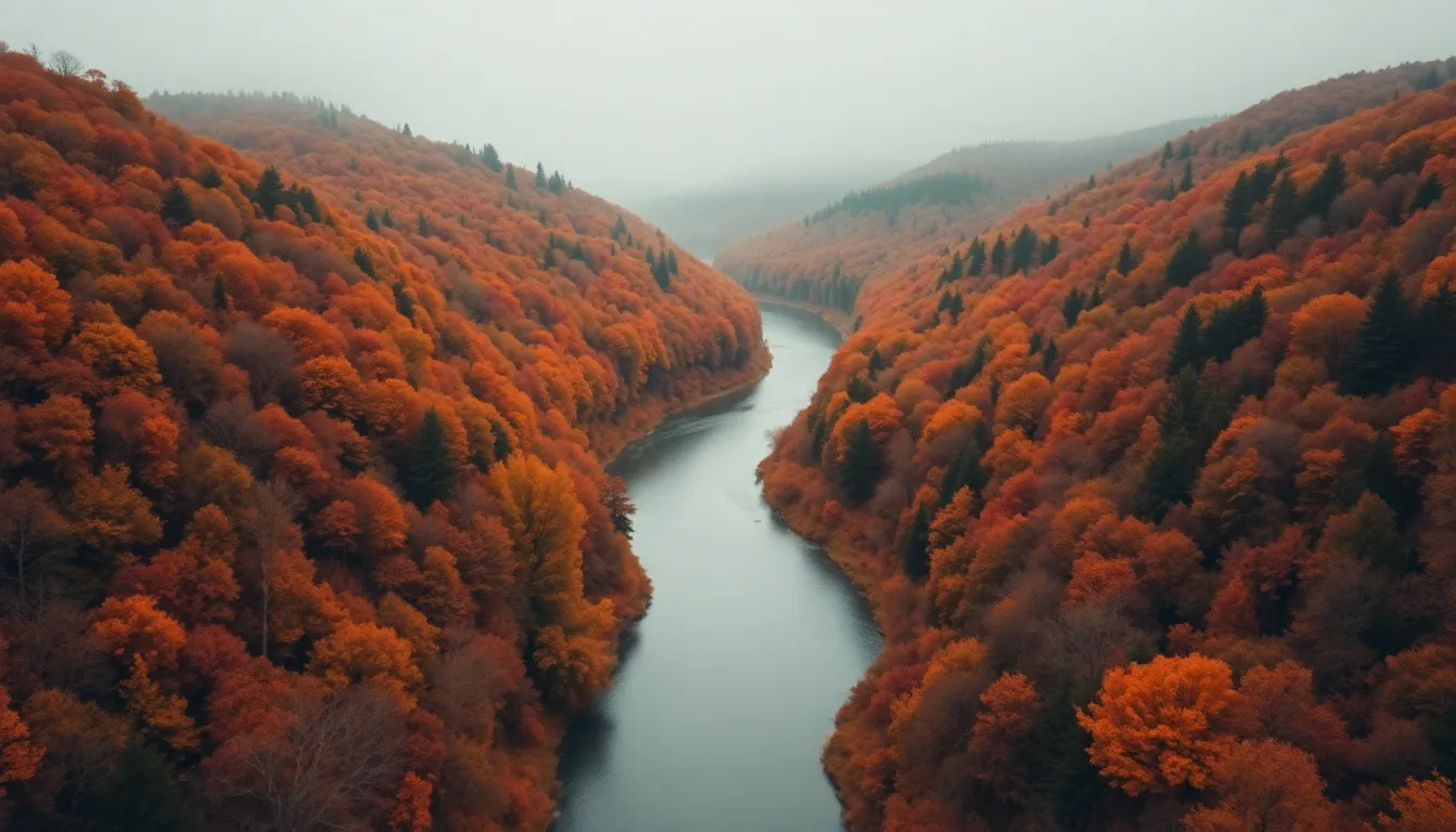 This breathtaking aerial photograph captures a winding river meandering through a vibrant autumn landscape. The soft, diffused light creates a harmonious atmosphere, enhancing the warm hues of fall foliage. With a depth of field set to f/5.6, both the river and its surroundings are in sharp focus, allowing for intricate detail in the textures of leaves and water. The composition effectively uses leading lines to guide the viewer's gaze along the river's journey.