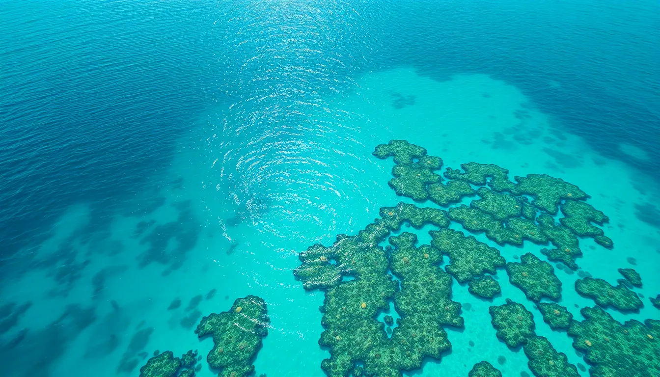 This breathtaking aerial view reveals a vibrant turquoise coral reef alive with marine activity, beautifully illuminated by the midday sun. The clarity of the water enhances the intricate patterns of the coral, which contrast strikingly against the deep blue ocean. The hyperfocal composition captures both the intricate details of the reef and the vastness of the surrounding water, creating a stunning visual experience that celebrates the beauty of underwater ecosystems.
