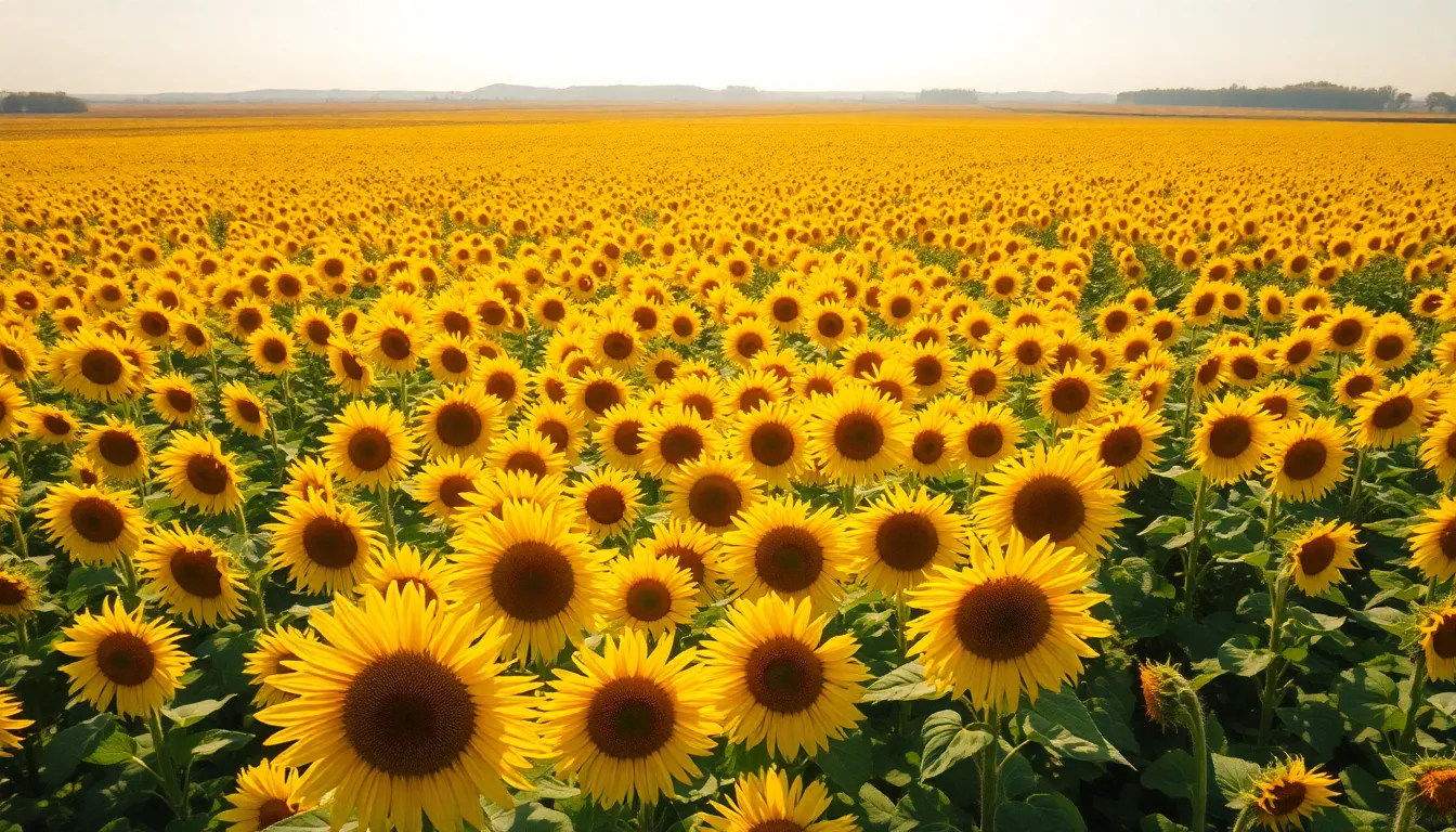 This vibrant aerial image presents a sprawling sunflower field in full bloom, radiating joy and warmth under the midday sun. The golden hues of the sunflowers create a stunning contrast against the lush green surroundings, inviting viewers into the cheerful landscape. The central composition leads the eye towards the horizon, while the intricate textures of the sunflower petals and leaves enhance the floral vibrancy, embodying the essence of summer.