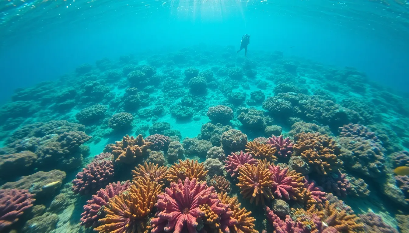 This captivating aerial image reveals a vibrant coral reef bustling with marine life, beautifully illuminated by bright sunlight filtering through the shallow water. The sparkling reflections contrast with the vivid colors of the coral formations below, creating a dynamic underwater landscape. The shallow depth of field draws attention to the intricate textures of the corals while softening the rippling surface above. This image captures the lively essence of underwater ecosystems and their breathtaking beauty.