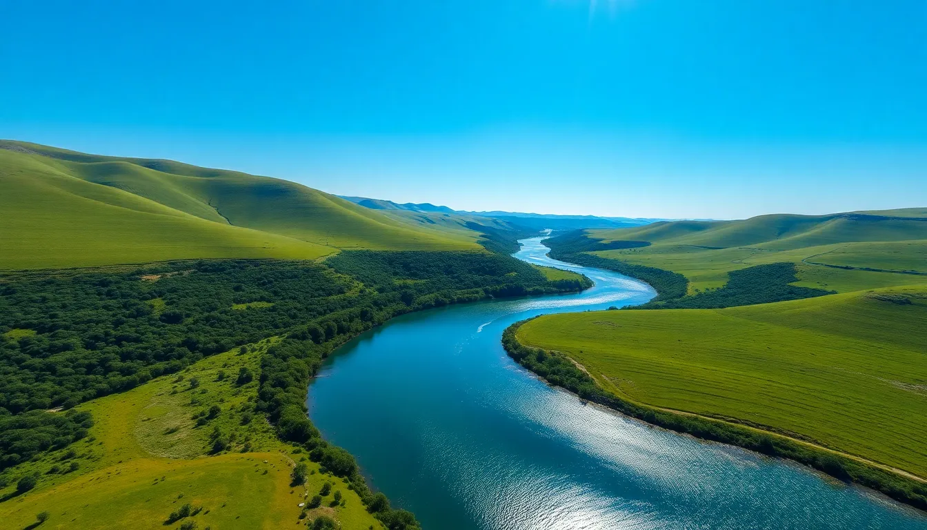 Winding River Through Lush Valley Aerial View This captivating aerial shot features a winding river meandering through a lush green valley, beautifully illuminated by the bright midday sun. The sparkling water contrasts with the vibrant greens of the landscape, creating a mesmerizing color palette. The use of leading lines formed by the river draws the viewer's eye into the scene, inviting exploration of this stunning natural setting. Ideal for nature and adventure enthusiasts.
