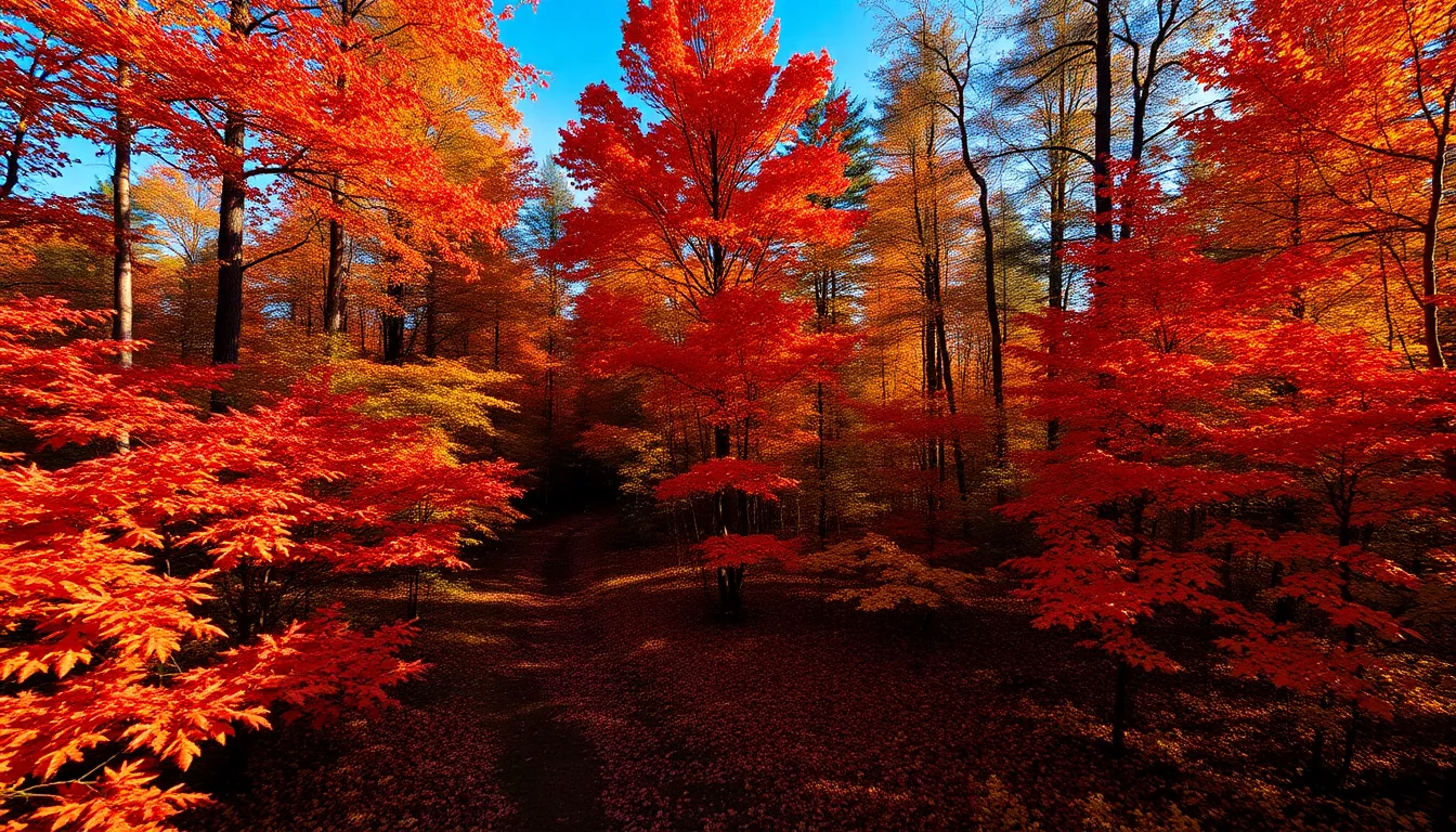 This stunning aerial image captures the rich hues of an autumn forest, showcasing a tapestry of fiery red and golden leaves set against a tranquil blue sky. The late afternoon light casts dynamic shadows, enhancing the textures of the crinkled leaves and the soft ground cover. Leading lines of forest paths invite viewers into the serene landscape, conveying a sense of depth and beauty in nature's transition.