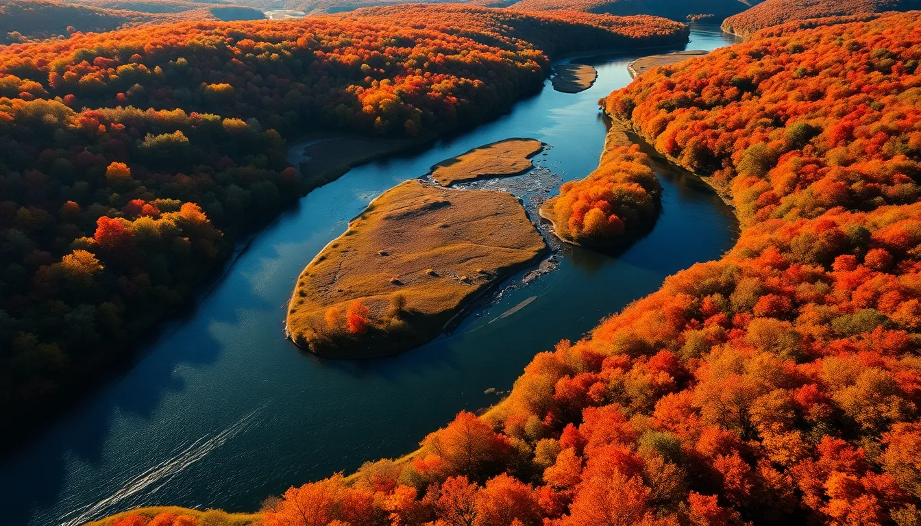 This stunning aerial image showcases a winding river meandering through a landscape adorned with vibrant autumn colors. The late afternoon light enhances the rich hues of orange, red, and yellow leaves, while the contrasting shadows amplify the visual interest. The composition employs the rule of thirds, effectively guiding the viewer's eye along the river's path. The sharp focus on both foreground and background elements emphasizes the beauty of this seasonal transformation in nature.