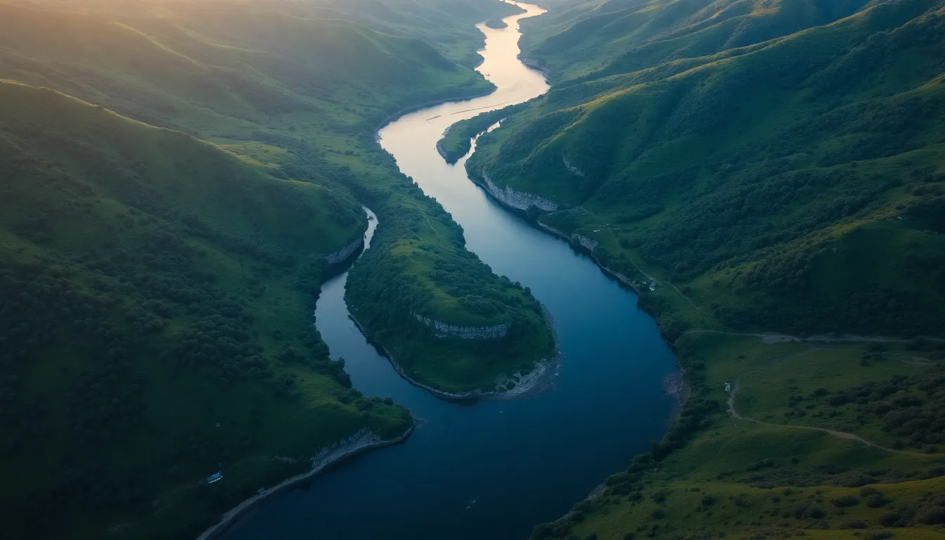 This breathtaking aerial shot captures a meandering river flowing through a verdant valley. The soft evening light creates a warm golden hue, accentuating the deep greens of the foliage. The hyperfocal focus ensures every detail, from the foreground to the distant horizon, is sharp and clear. The winding shape of the river draws the viewer’s eye through the landscape, evoking a sense of serenity and connection with nature.
