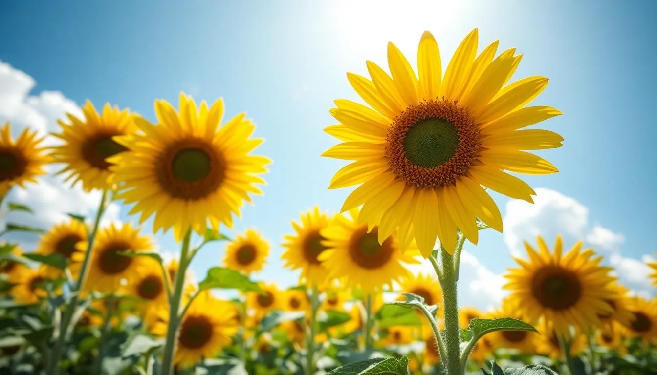 This vibrant aerial photograph beautifully captures a sunflower field in full bloom, with the bright midday sun illuminating the golden petals. Fluffy white clouds drift across the vivid blue sky, adding a lightness to the scene. The shallow depth of field focuses on a cluster of sunflowers, emphasizing their texture and detail while the rest of the field gently fades in the background. This serene image radiates warmth and joy, inviting viewers to appreciate the beauty of nature.