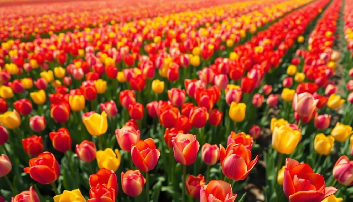 This enchanting aerial view captures a vibrant tulip field in full bloom, showcasing a stunning patchwork of colors under midday sun. The shallow depth of field highlights a specific section of tulips, while the background softly blurs, enhancing the focus on the flowers. Rich reds, pinks, and yellows create a joyful mood as the composition invites viewers to explore the colorful rows. The delicate textures of each tulip’s petals add depth to this captivating scene.