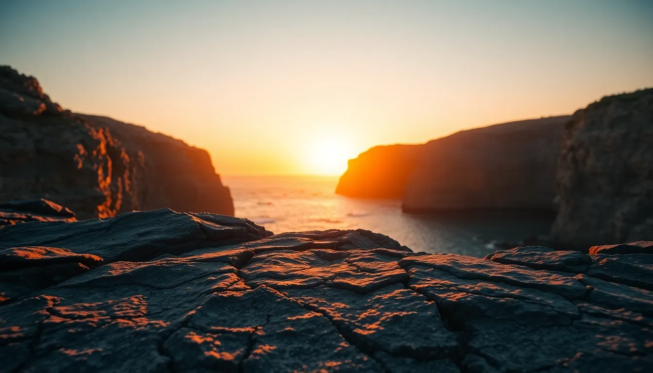 This breathtaking aerial view showcases coastal cliffs bathed in warm sunset light, displaying rich textures of the rugged rock formations. The composition beautifully adheres to the rule of thirds, drawing the eye towards the shimmering ocean below. Vivid oranges and deep blues create a tranquil atmosphere, while a shallow depth of field enhances the cliff's details against the expansive sea. The image captures the serene beauty of nature at dusk.