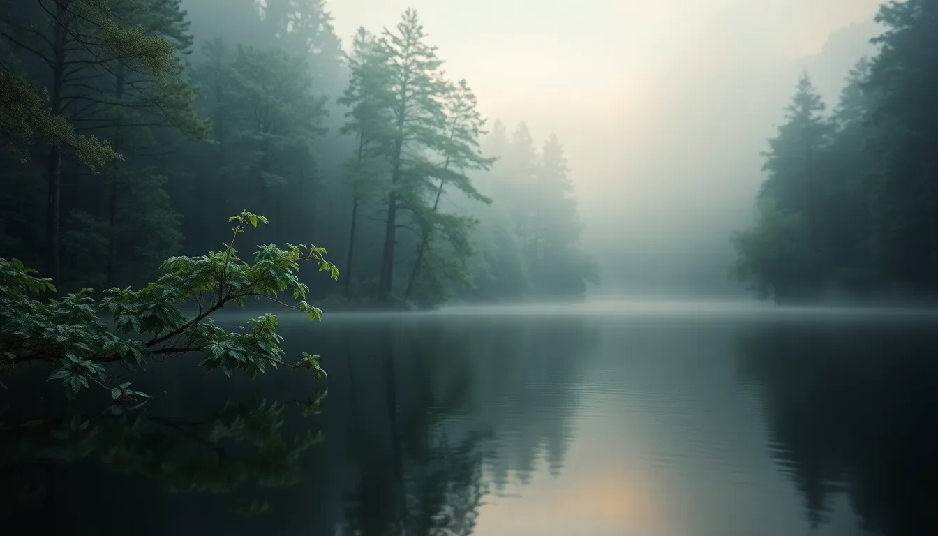 Experience the serene beauty of this aerial view capturing a misty forest encircling a calm lake at dawn. The ethereal light filters through the trees, creating a magical atmosphere filled with tranquility. The reflective water captures soft blue and green hues, enhancing the peaceful vibe of the scene. This image invites the viewer to immerse themselves in the calmness of nature, embodying a perfect moment of stillness.