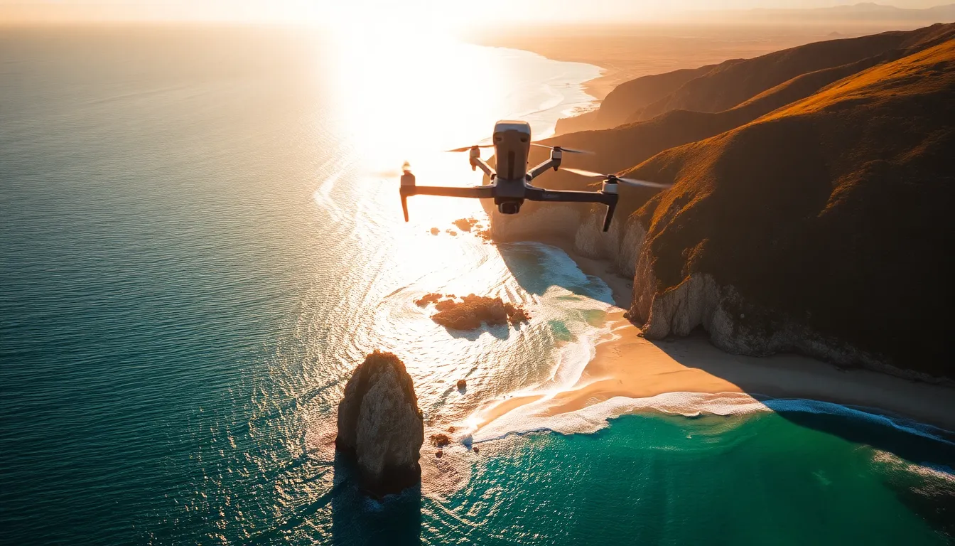 This breathtaking aerial drone shot captures a coastal paradise during golden hour. The vibrant turquoise waters reflect the warm sunlight, enhancing the rugged beauty of the cliffs and sandy beaches. The use of color contrasts creates a serene, inviting atmosphere, while the well-composed shot draws the viewer's eye along the coastline. Ideal for capturing nature's allure, this image is perfect for travel or environmental-themed projects.