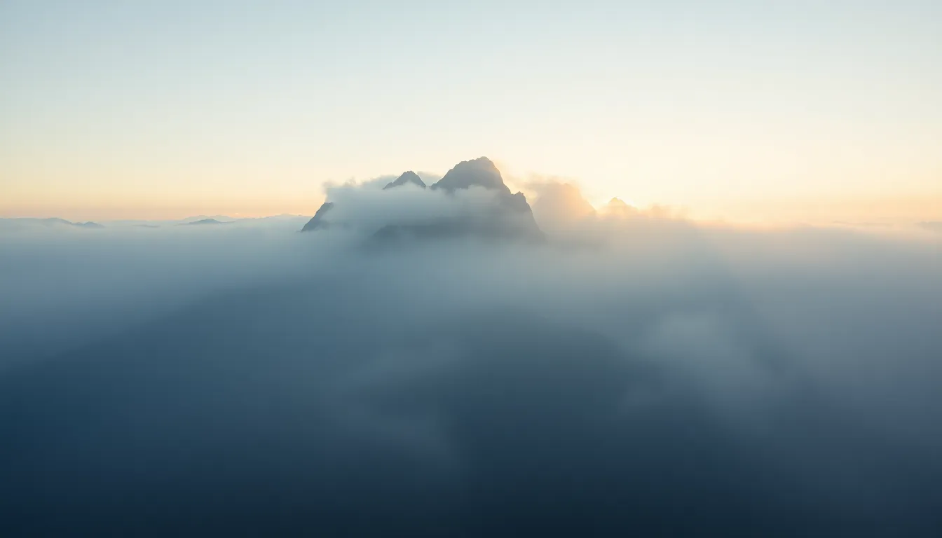 Misty Mountain Range Aerial Capture This stunning aerial view captures a majestic mountain range enveloped in soft morning mist, creating an almost dreamlike atmosphere. The ethereal light filtering through the clouds enhances the cool tones of gray and blue, inviting viewers to immerse themselves in this serene landscape. The centered composition draws attention to the mountains, highlighting their grandeur and mystery. Ideal for adventure and travel content.