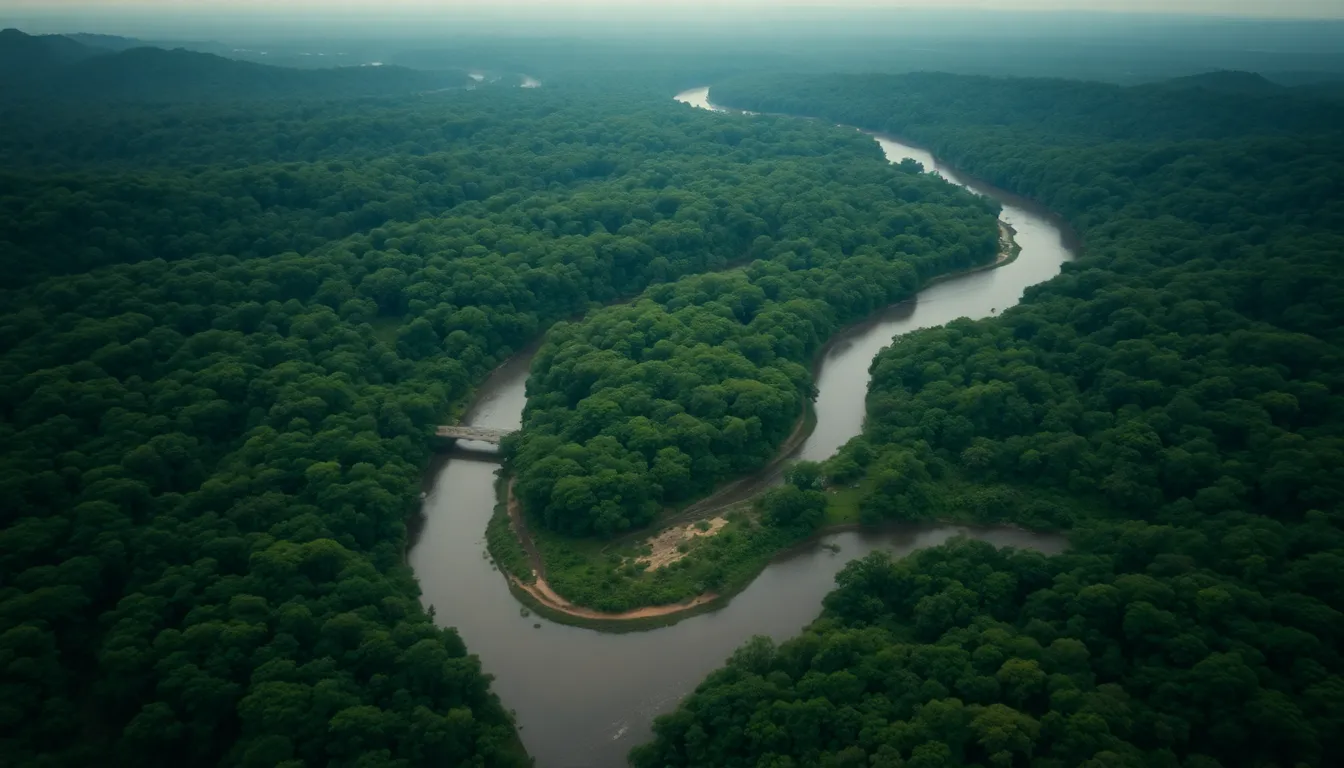 Explore the breathtaking beauty of this aerial shot showcasing a winding river flowing through a rich rainforest. The overcast sky creates a soft ambiance, highlighting the vibrant greens and deep browns of the foliage. This image captures the intricate details of the river and its surroundings, revealing the majesty of untouched nature. The composition draws the viewer's eye along the twists and turns of the river, inviting exploration and appreciation of the landscape.